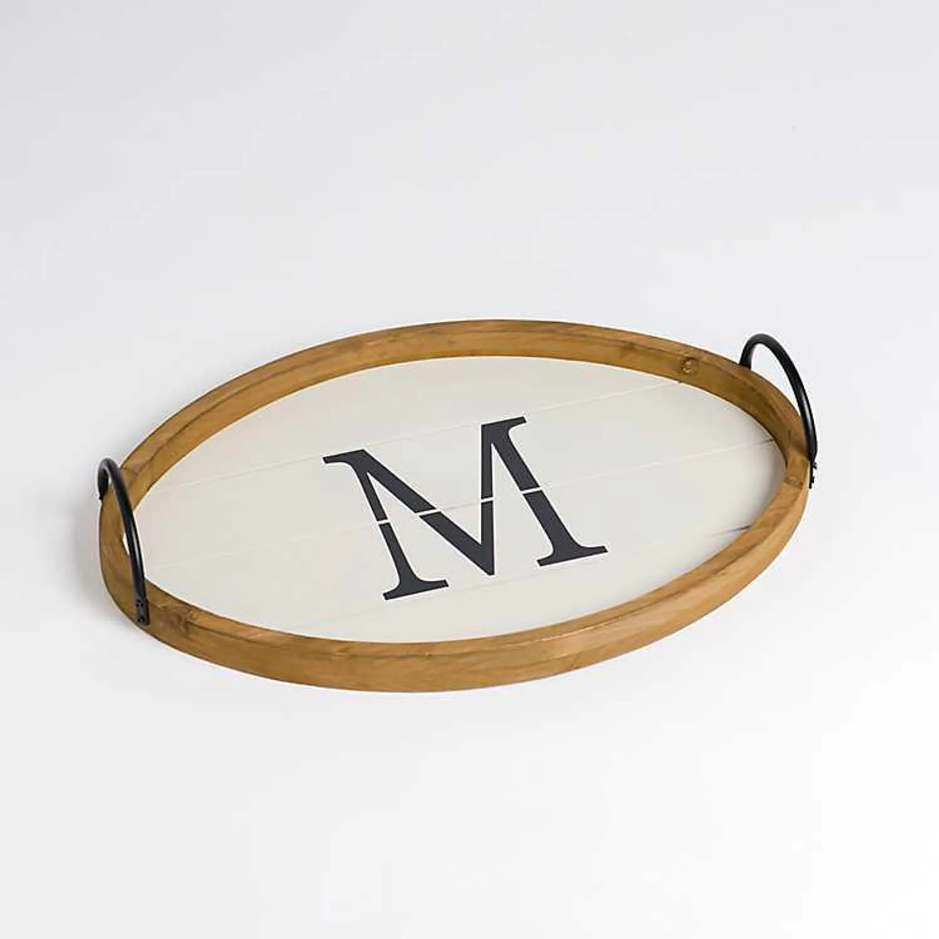 Oval White Wood Monogram M Tray