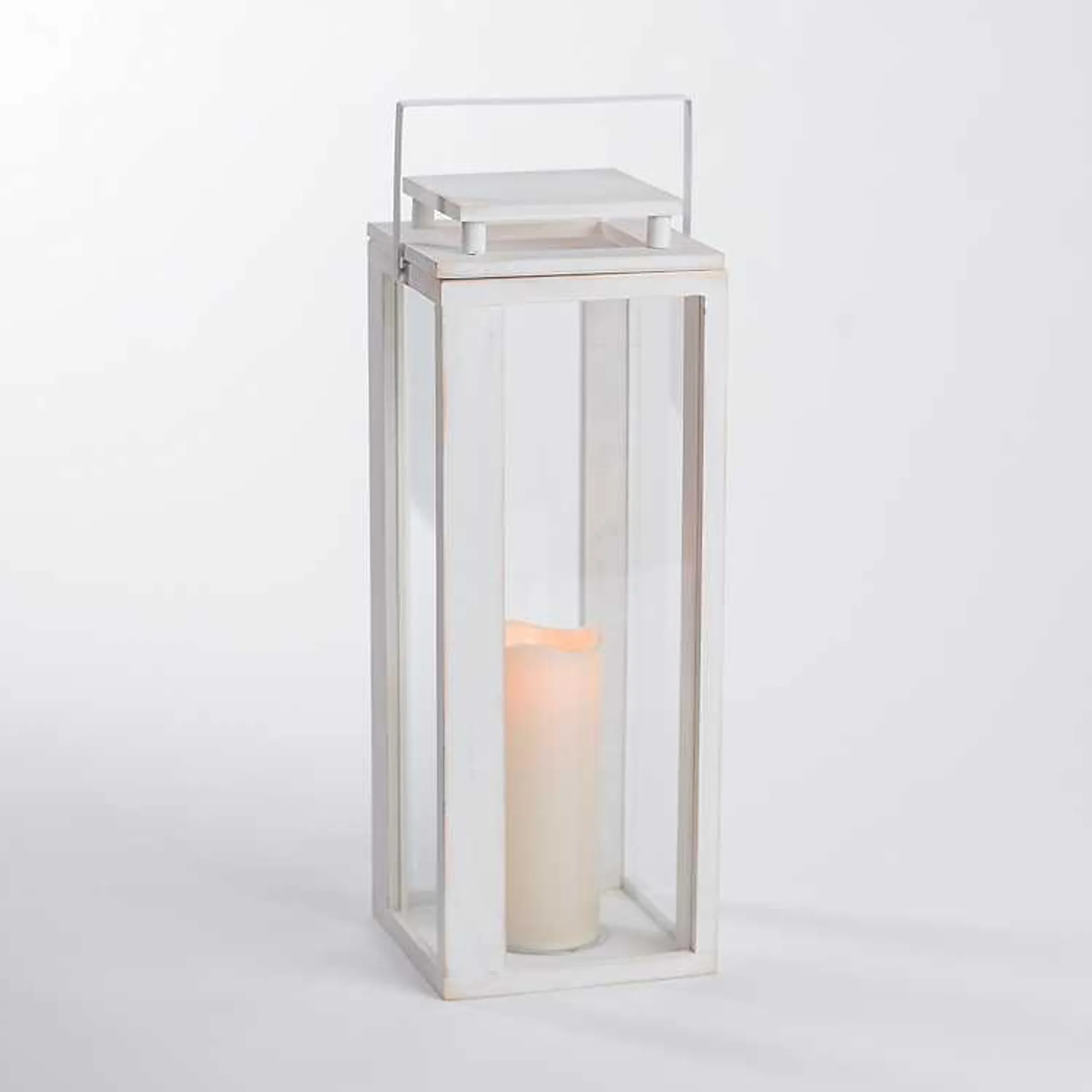 Pre-lit Whitewashed Wood & Glass Lantern, 19 in.