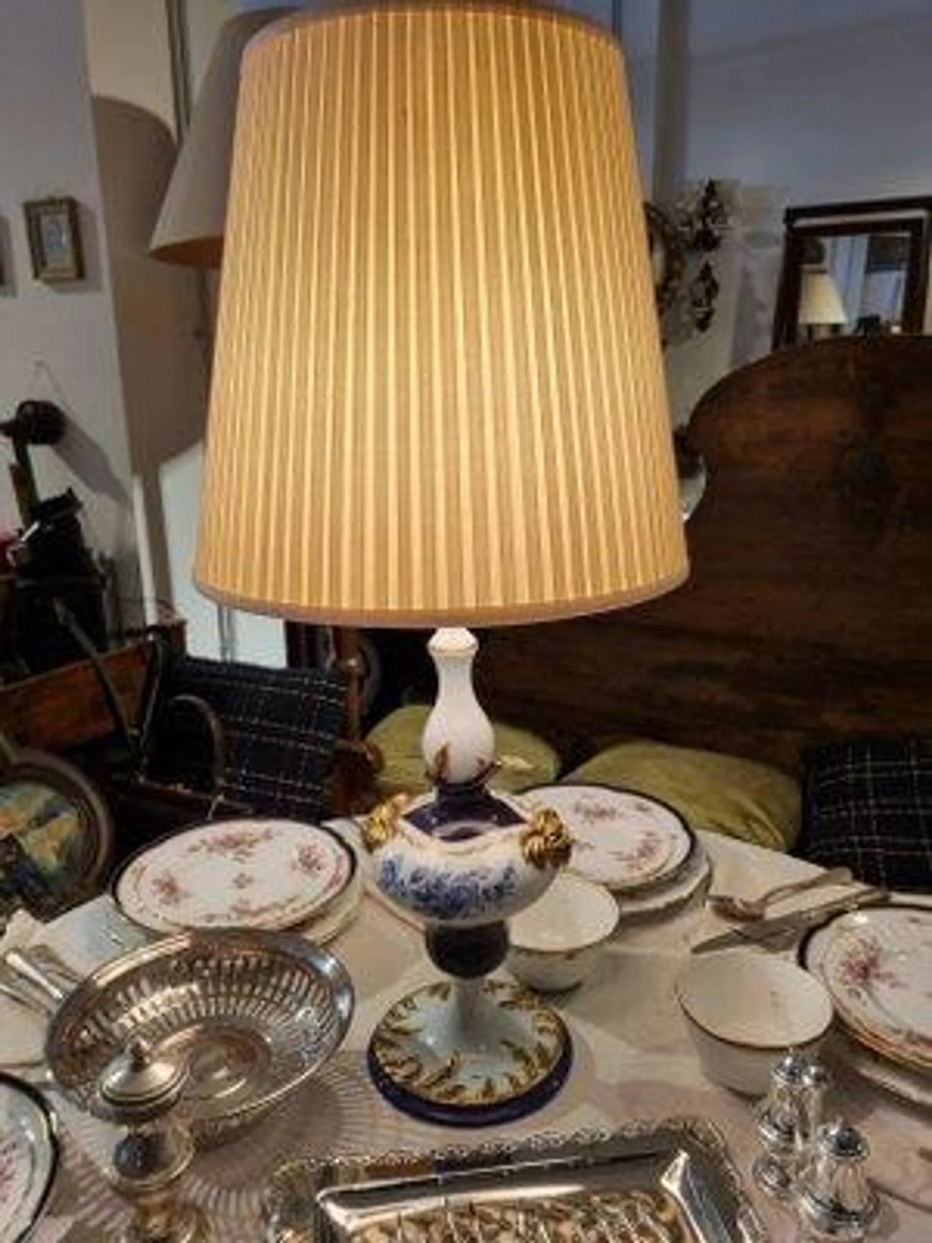 Antique Porcelain Table Lamp Decorated with Blue and Golden Painted Flowers, 1920s