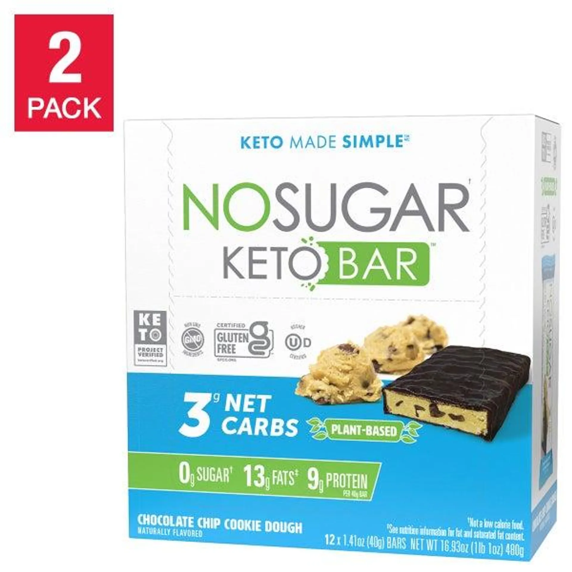 No Sugar Keto Bar Chocolate Chip Cookie Dough (12-count) 2-Pack