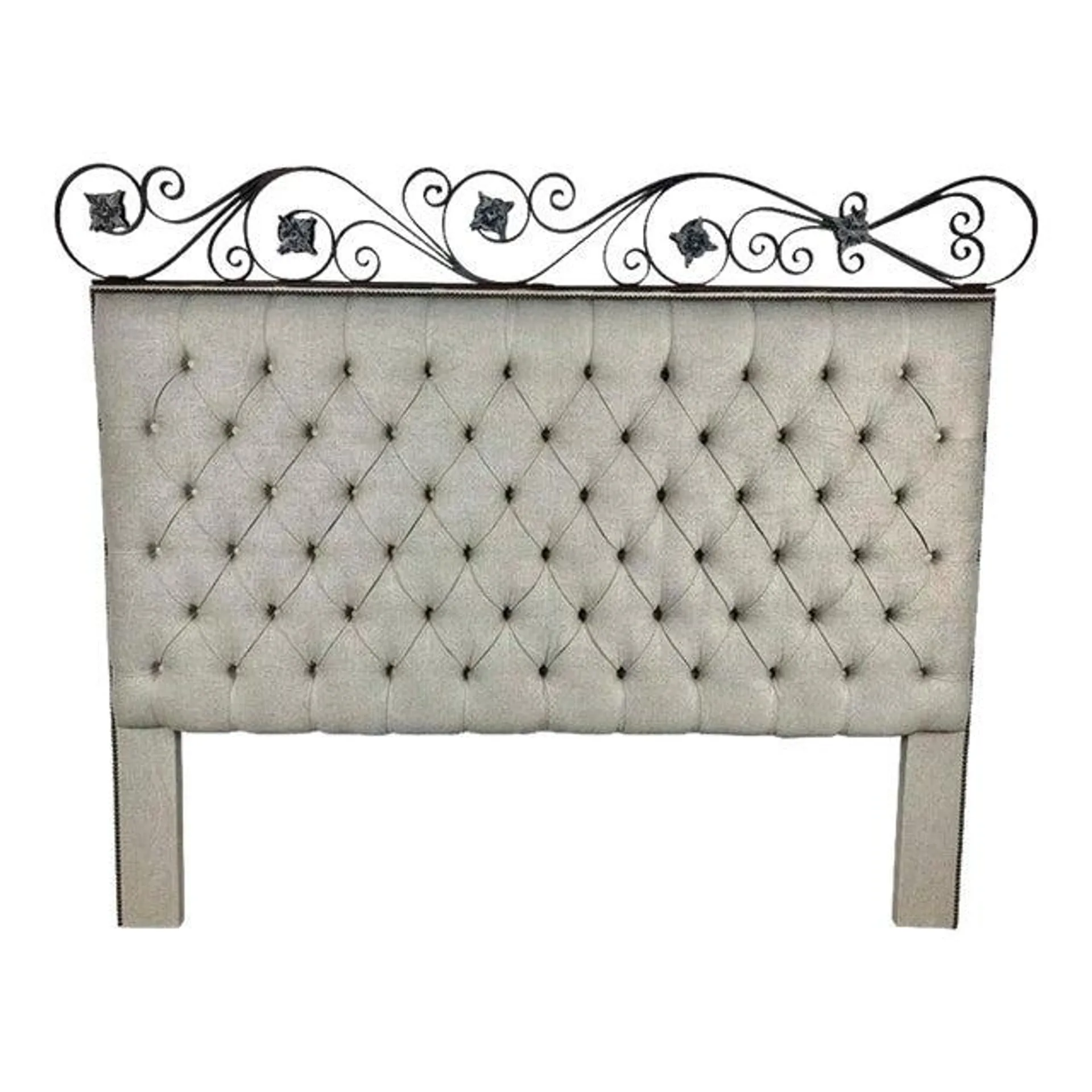 King Size Linen Upholstered Wrought Iron Scrolled Headboard