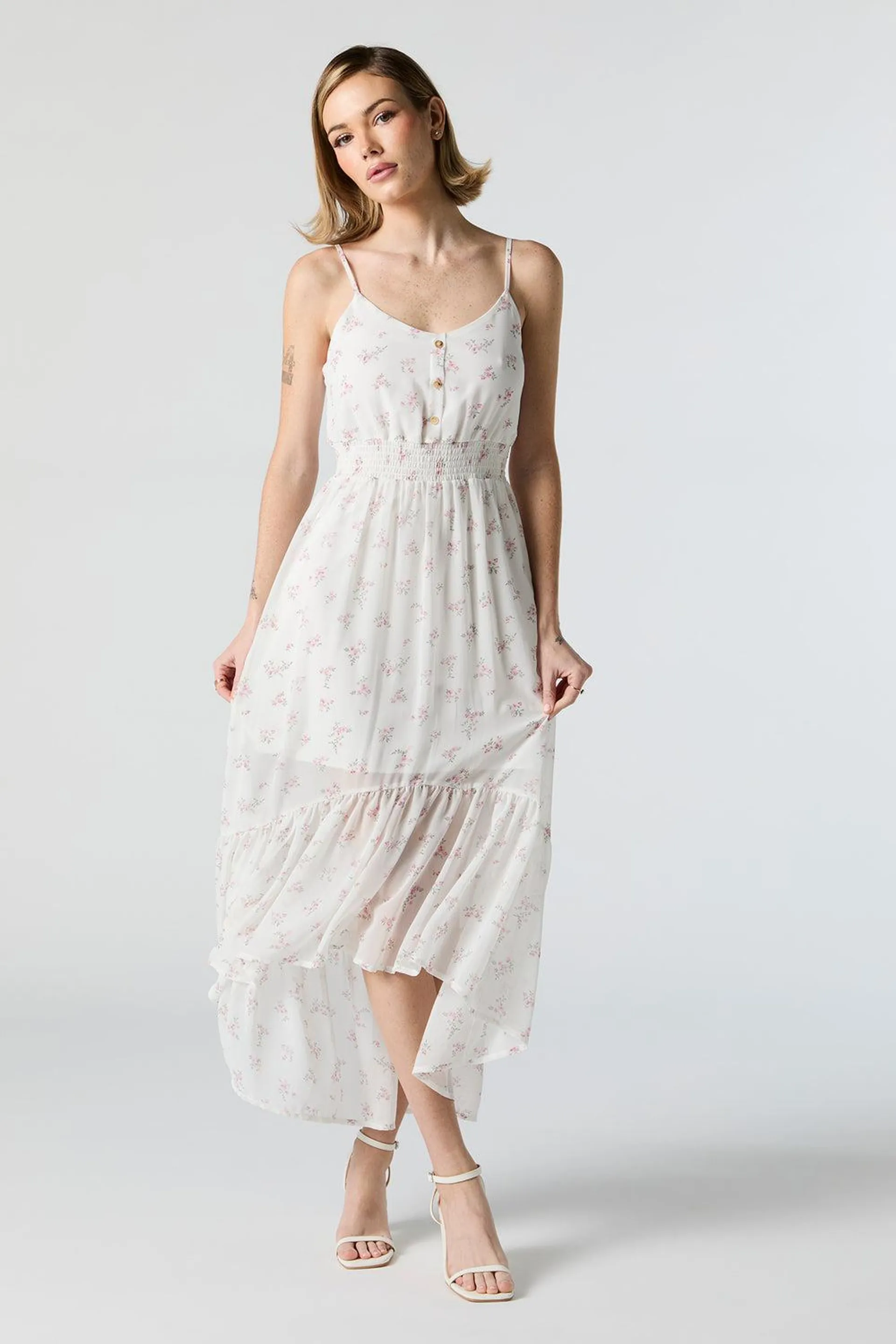 White Floral Chiffon High Low Midi Dress