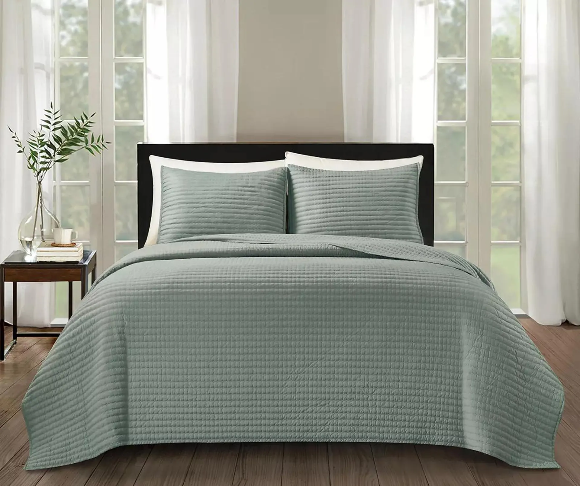 Slate Green Pebbled Queen 3-Piece Quilt Set