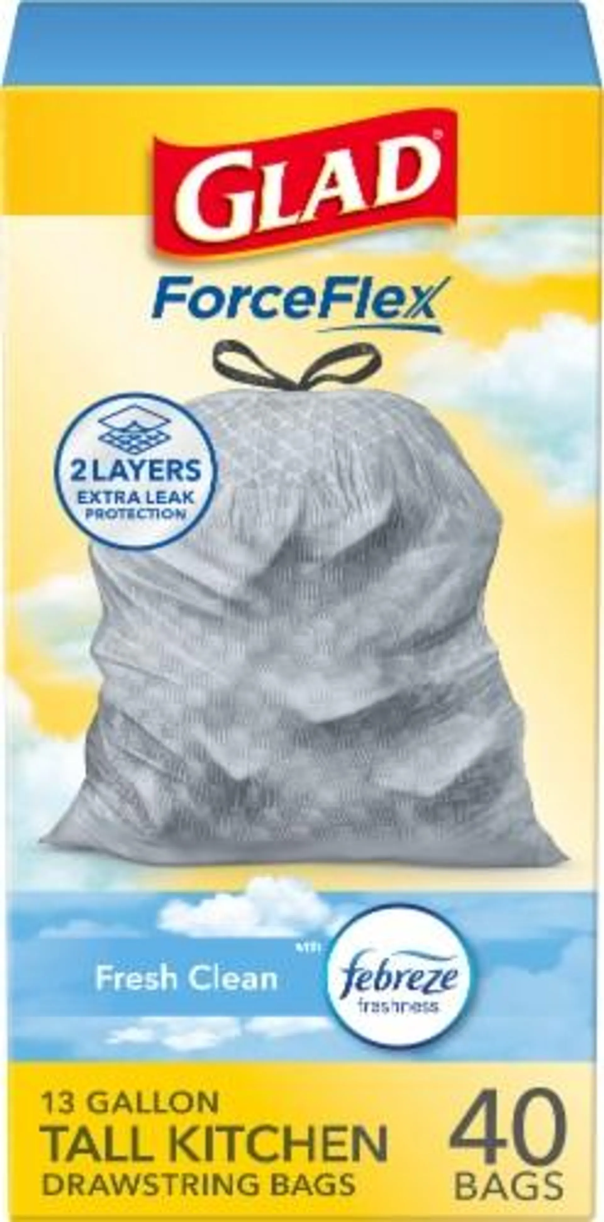 Glad ForceFlex with Febreze Gain Fresh Clean Scent Tall Kitchen Drawstring Trash Bags