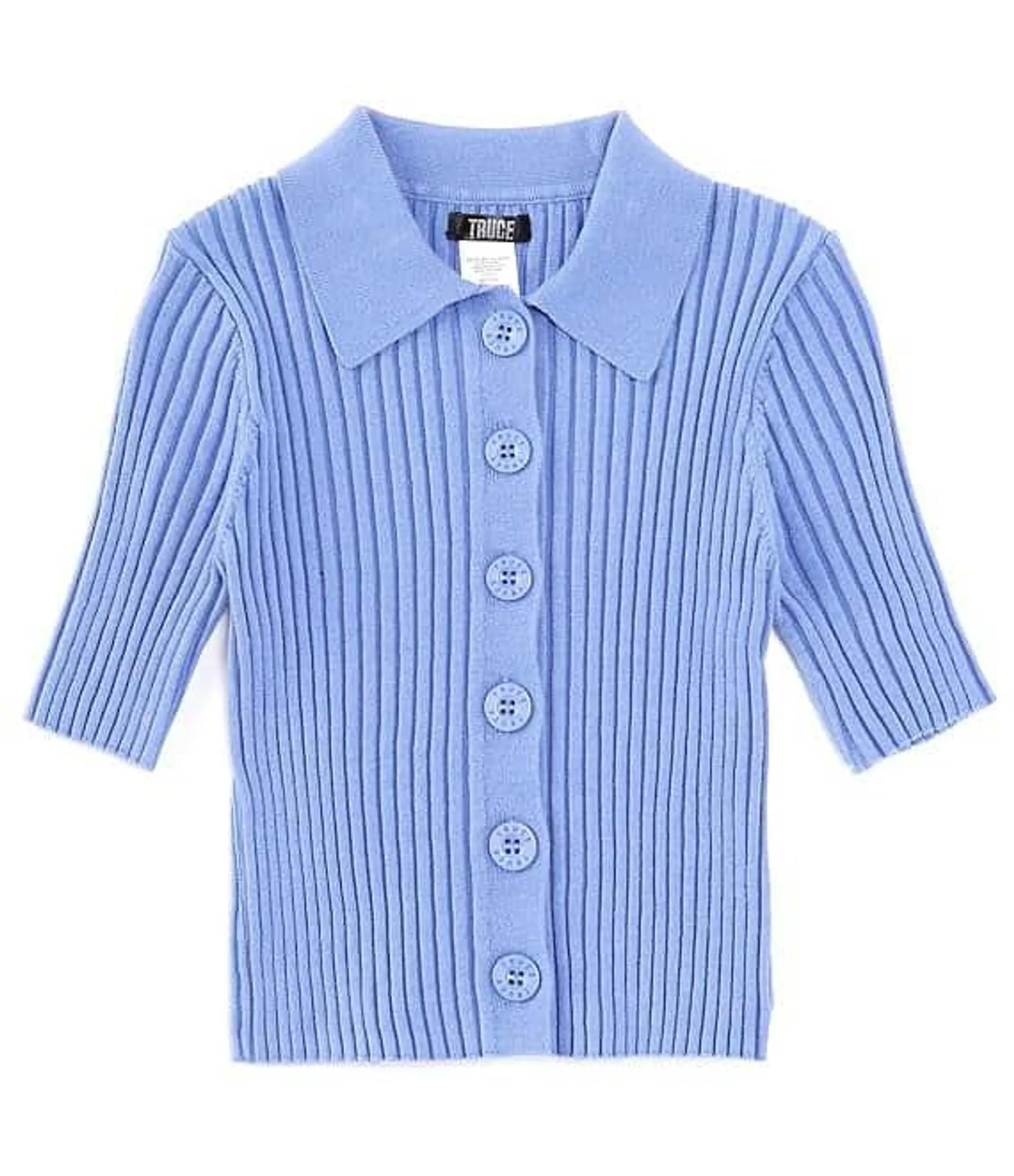 Big Girls 7-16 Collared Short Sleeve Button Down Ribbed Sweater