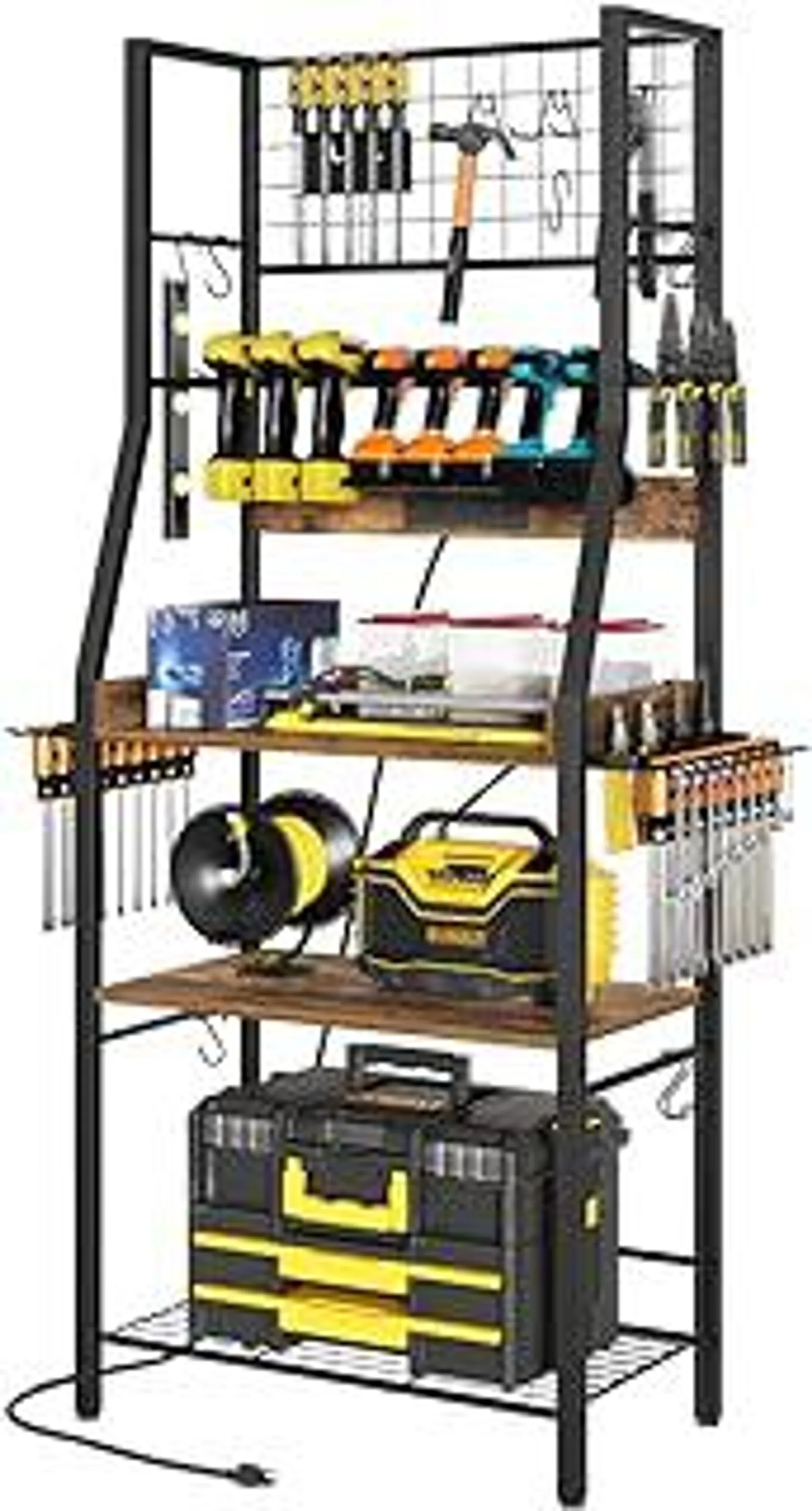 Large Power Tool Organizer, 8 Drill Holder with Charging Station, Garage Tool Organization with 2 Side Pegboards, Metal Tool Shelf with 11 Hooks, for Garage, Rustic Brown UR01BR