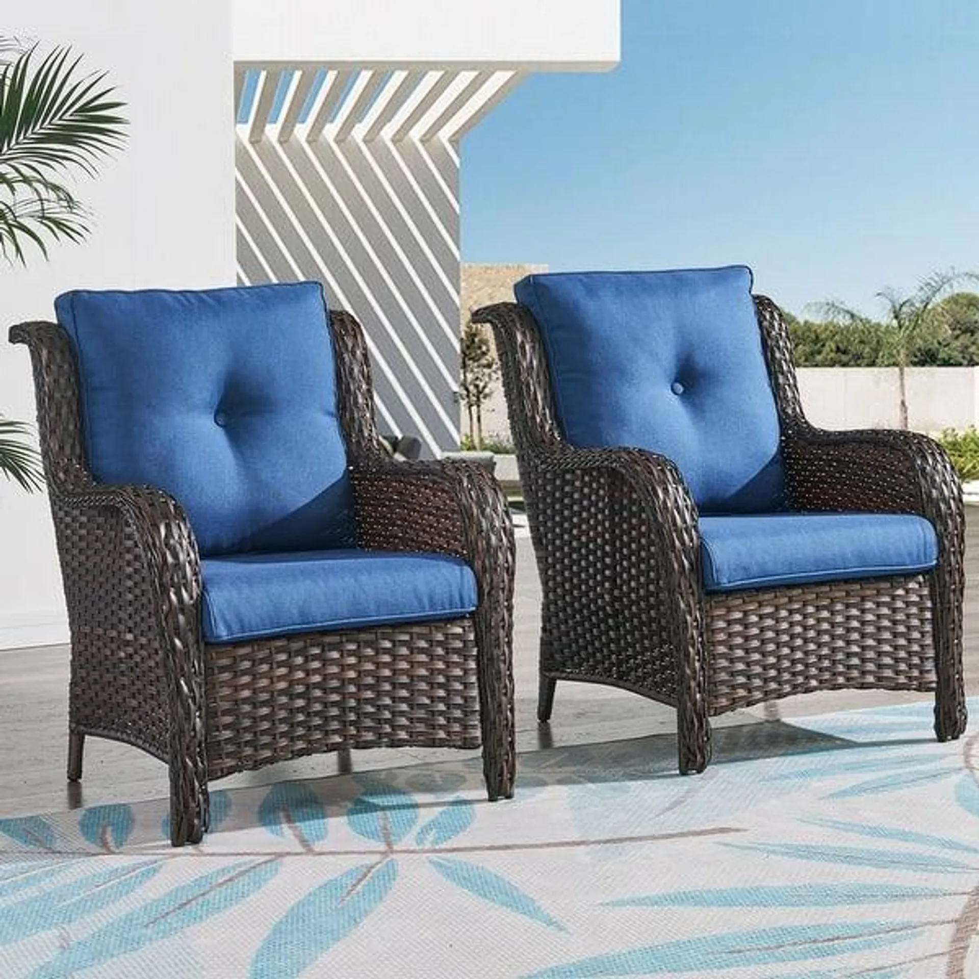 Outdoor Wicker High Back Club Chair with Cushions (Set of 2)