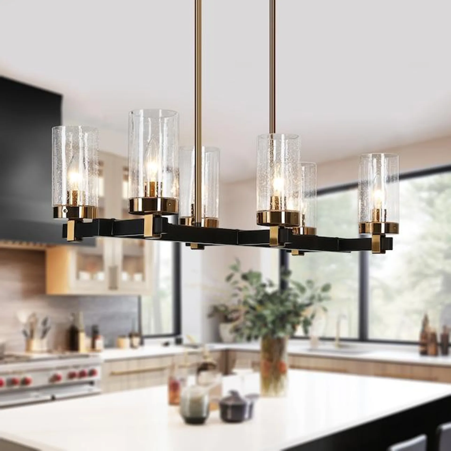 ZEVNI Fairyl 6-Light Black and Brass Dining Room Chandelier Modern/Contemporary Seeded Glass Linear LED Large Hanging Kitchen Island Light