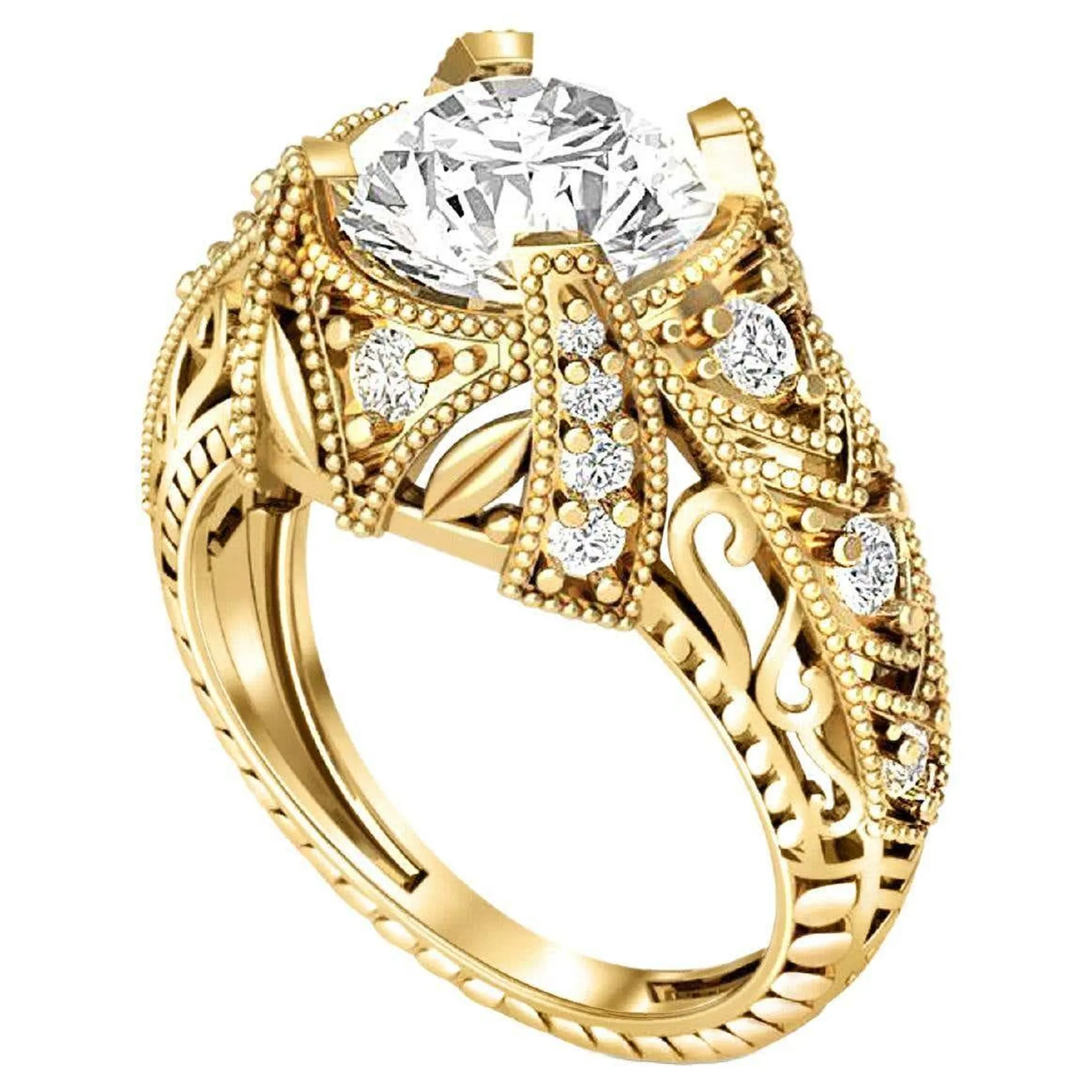 Vintage style 1.5 ct Round Moissanite Engagement 14k Gold Ring.