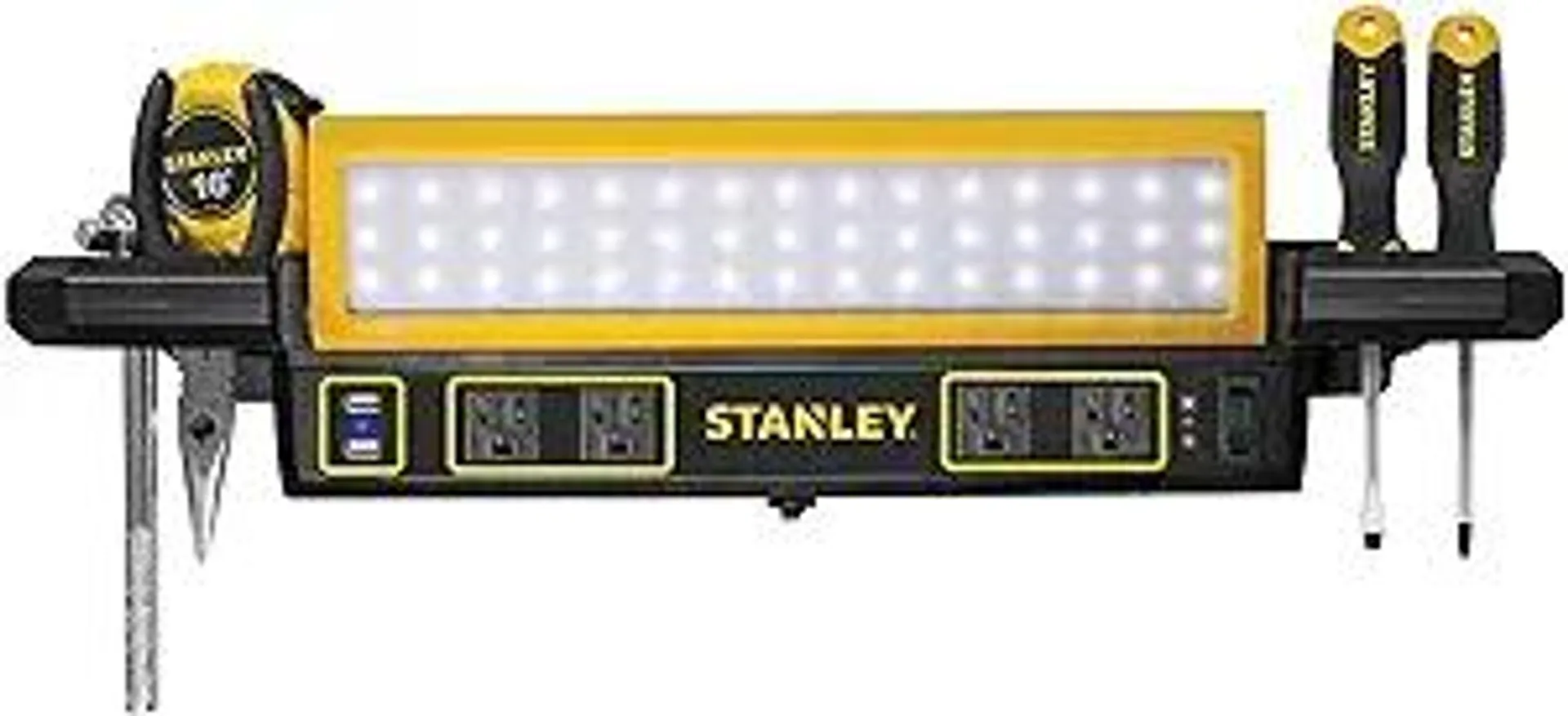 STANLEY PSL1000S Adjustable 45 COB LED Workbench Light with AC Power Outlets, Dual 2.1 Amp USB Charging Ports, and Tool Storage