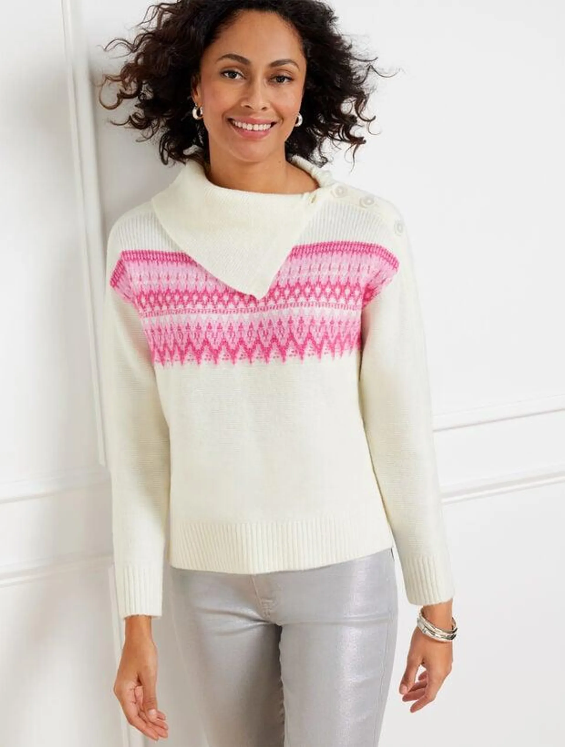 Split Neck Sweater - Whimsical Fair Isle