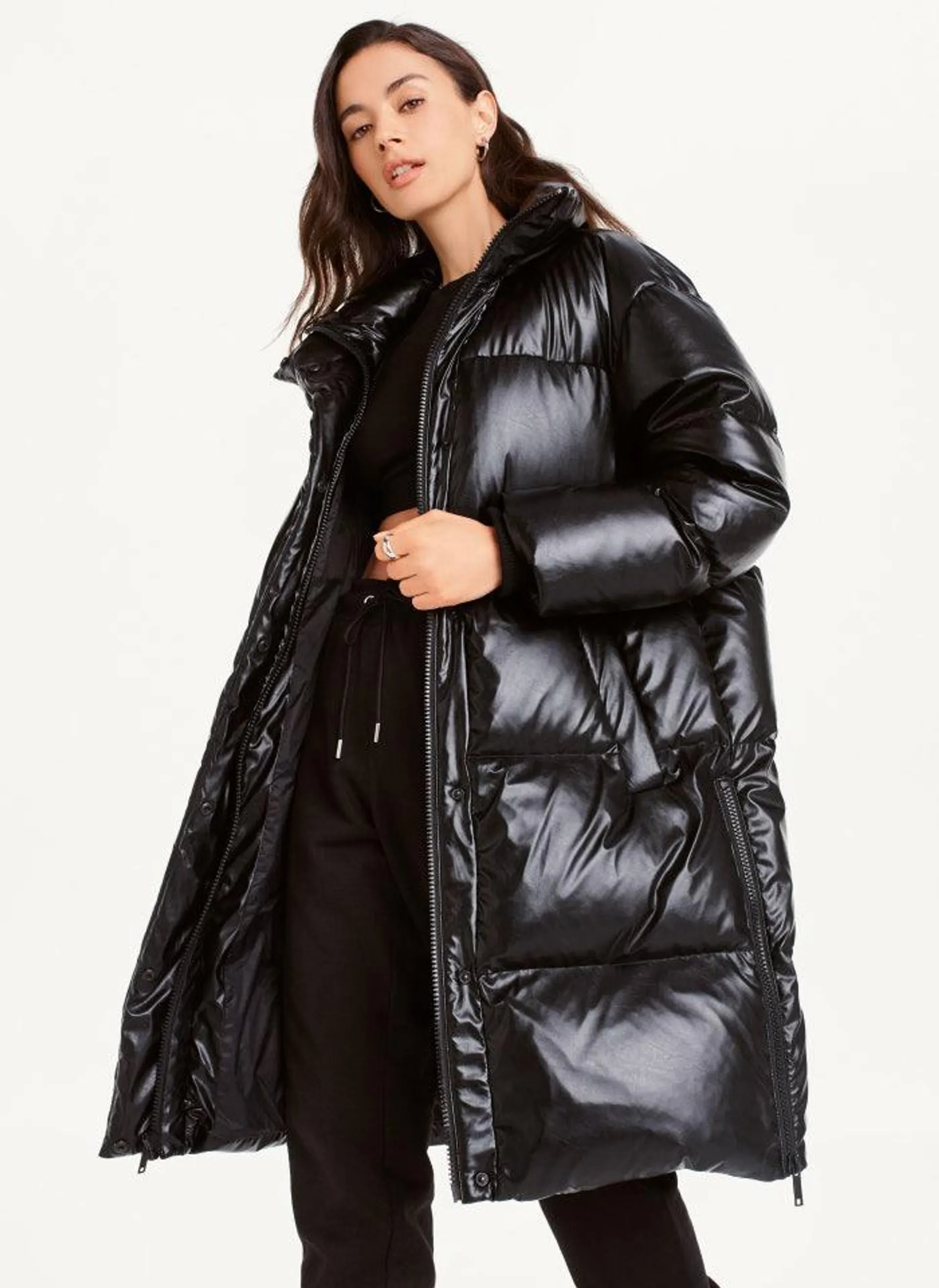 Faux Leather Long Puffer