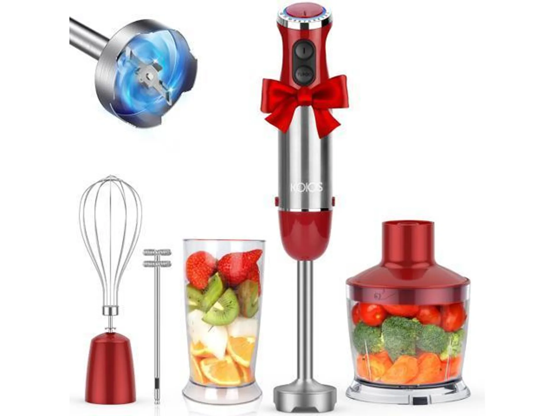 KOIOS 5-in-1 Hand Immersion Blender, 1000W 12 Speed Handheld Blender, Copper Motor Stainless Steel Blade Stick Blender,600ml Mixing Beaker,500ml Food Processor, Whisk, Milk Frother, Non-BPA, Red