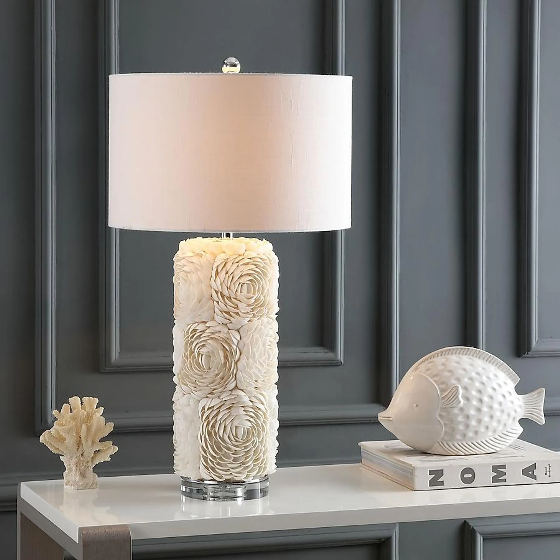 JONATHAN Y Rosette Seashell Contemporary/Transitional 28.5-in Chrome Led, Rotary Socket Table Lamp with Linen Shade