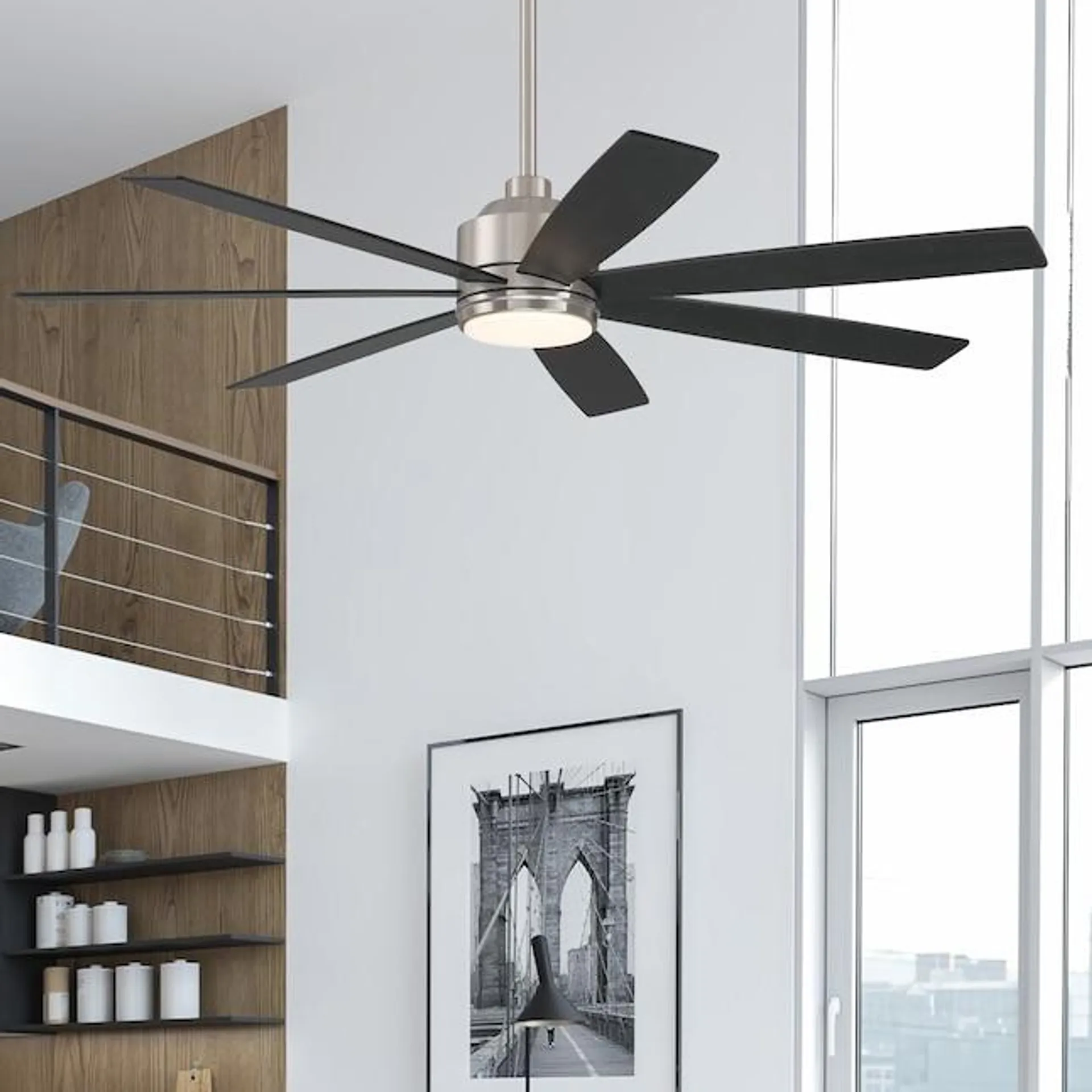 Harbor Breeze Cogdell 60-in Brushed Nickel with Black/Auburn Blades Color-changing Integrated LED Indoor/Outdoor Downrod or Flush Mount Ceiling Fan with Light and Remote (7-Blade)