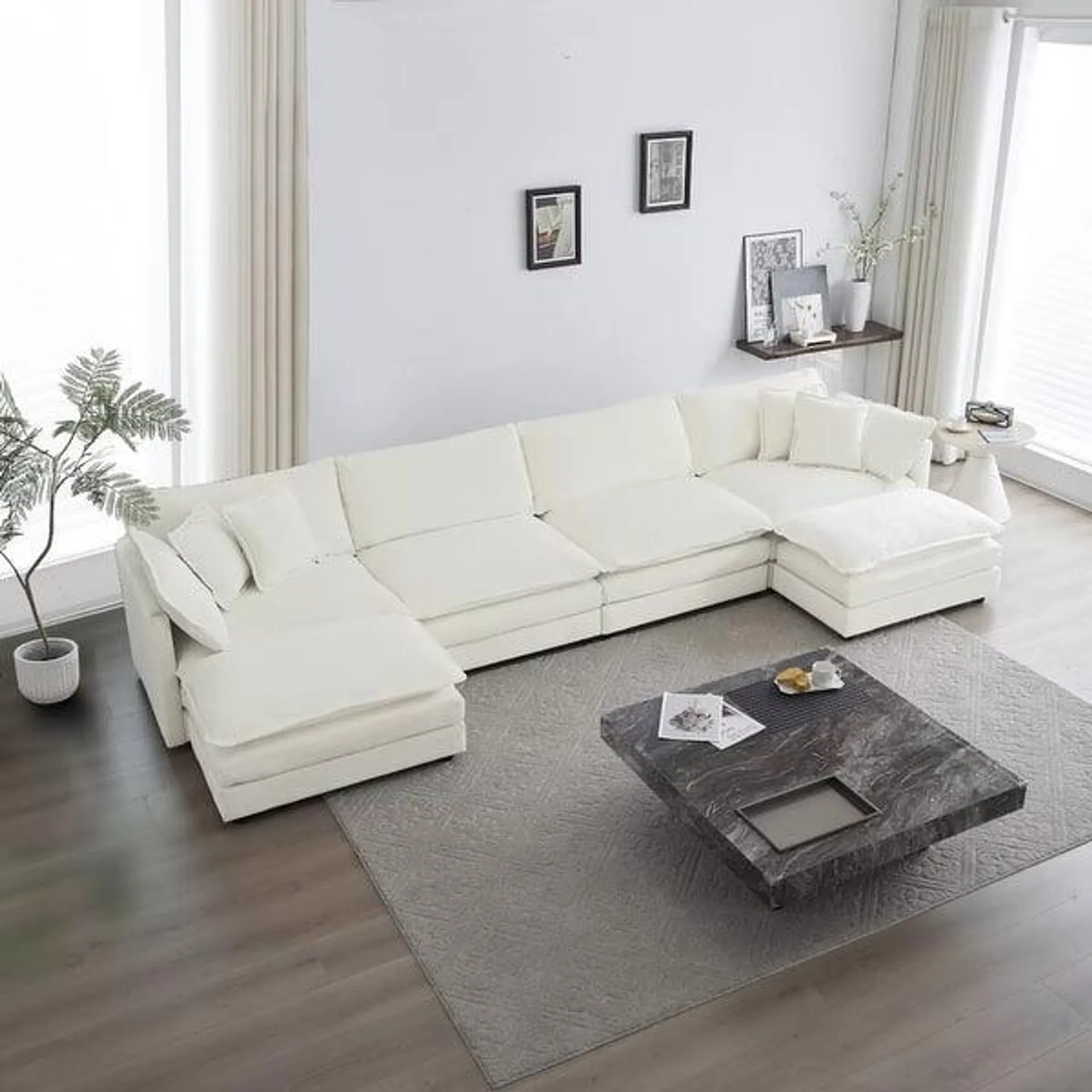 Comfort U Shaped Couch w/ Reversible Chaise,Ottomans,White Chenille