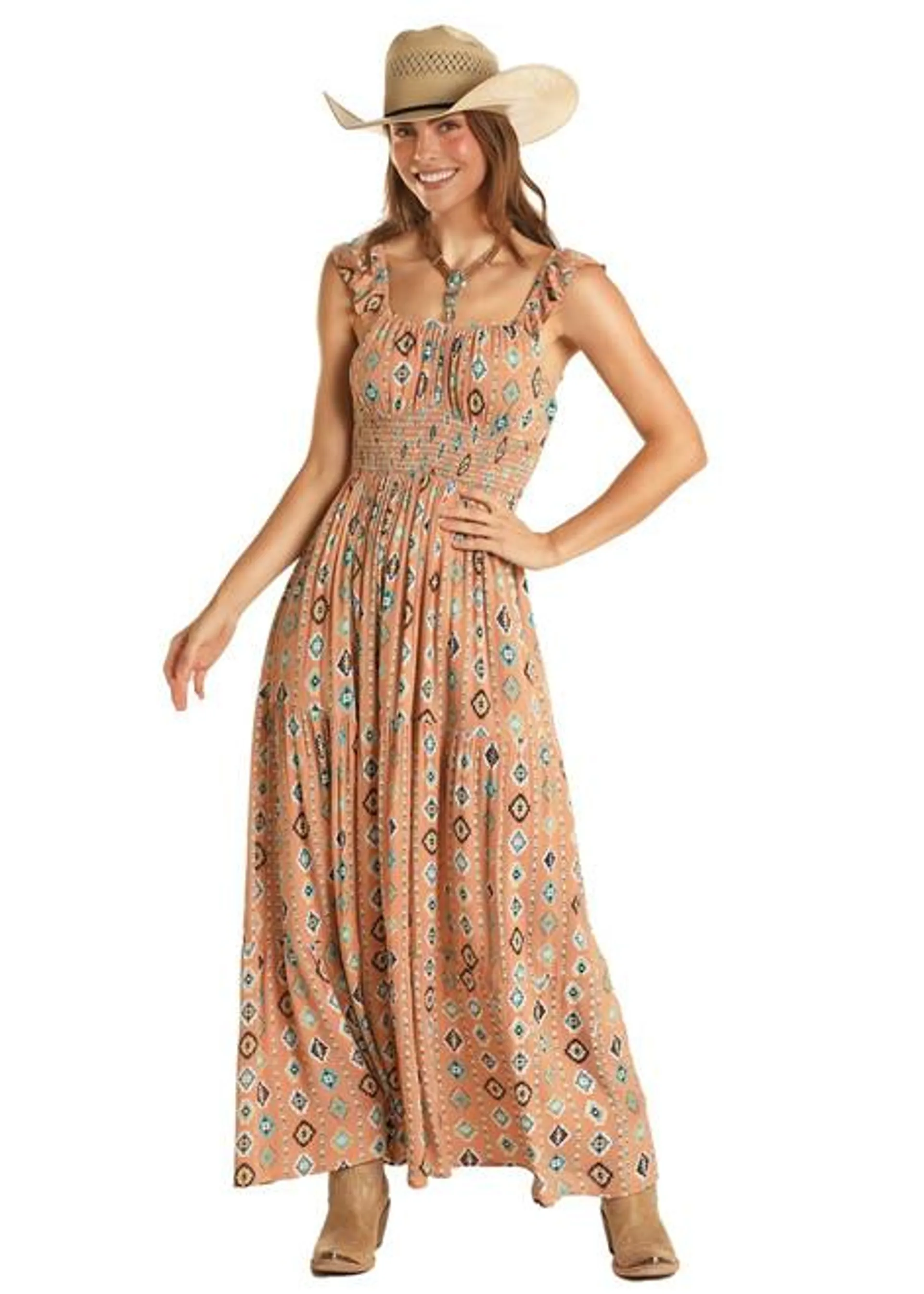 Rock & Roll Denim Womens Aztec Ruffle Sleeve Tiered Maxi Dress