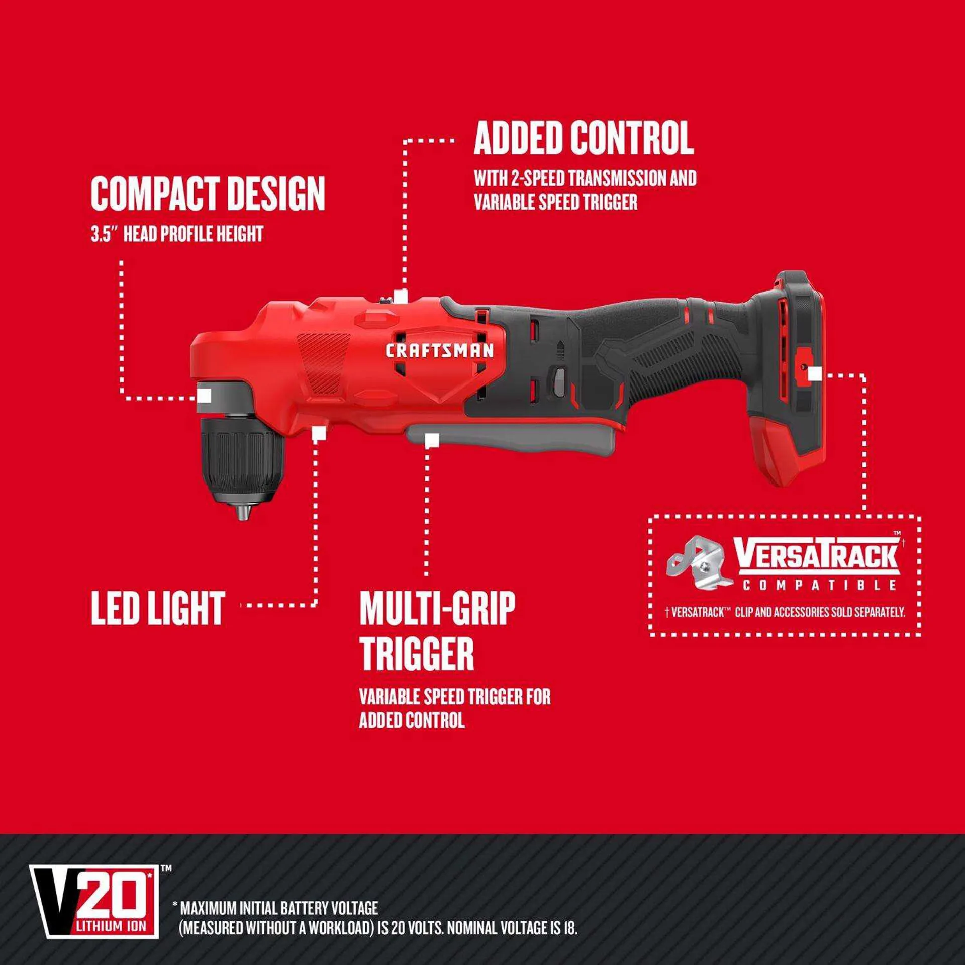 Craftsman V20 3/8 in. Brushed Cordless Right Angle Drill Tool Only