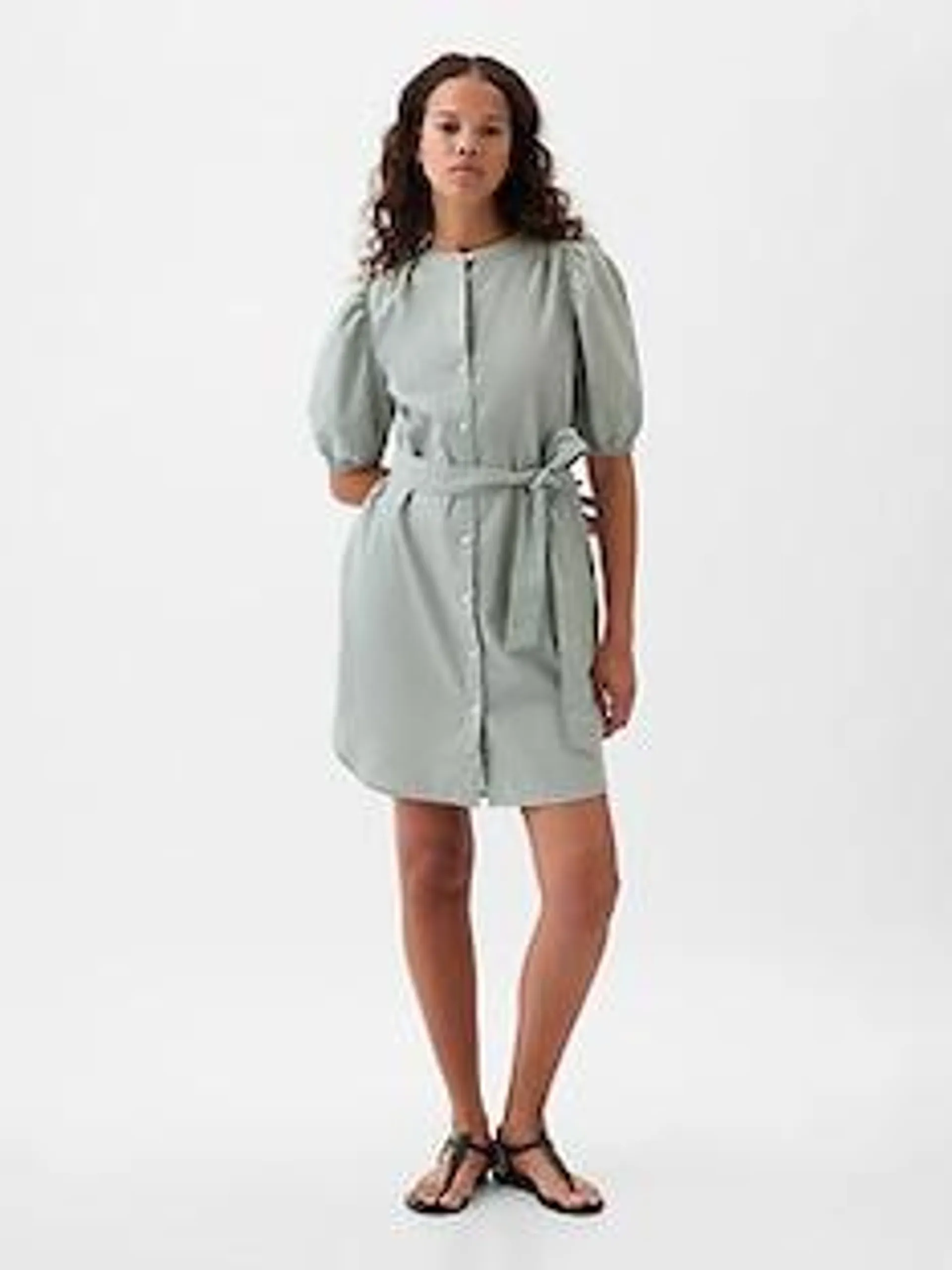 Linen-Cotton Puff Sleeve Mini Shirtdress