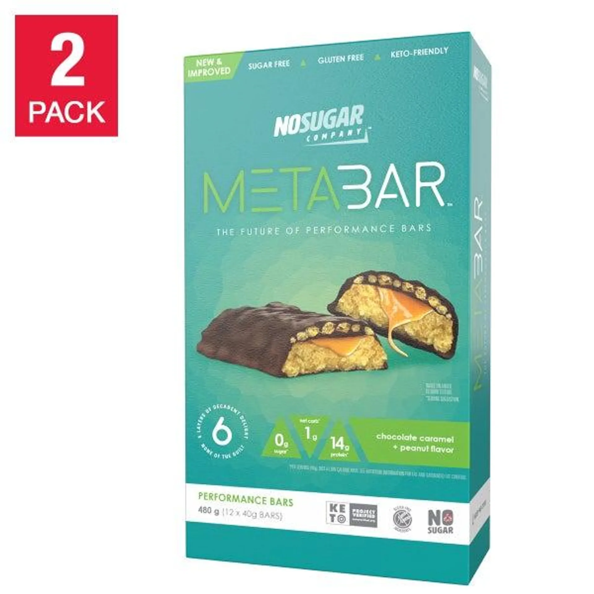 No Sugar METABAR Chocolate Caramel and Peanut Flavor 12-count, 2-pack