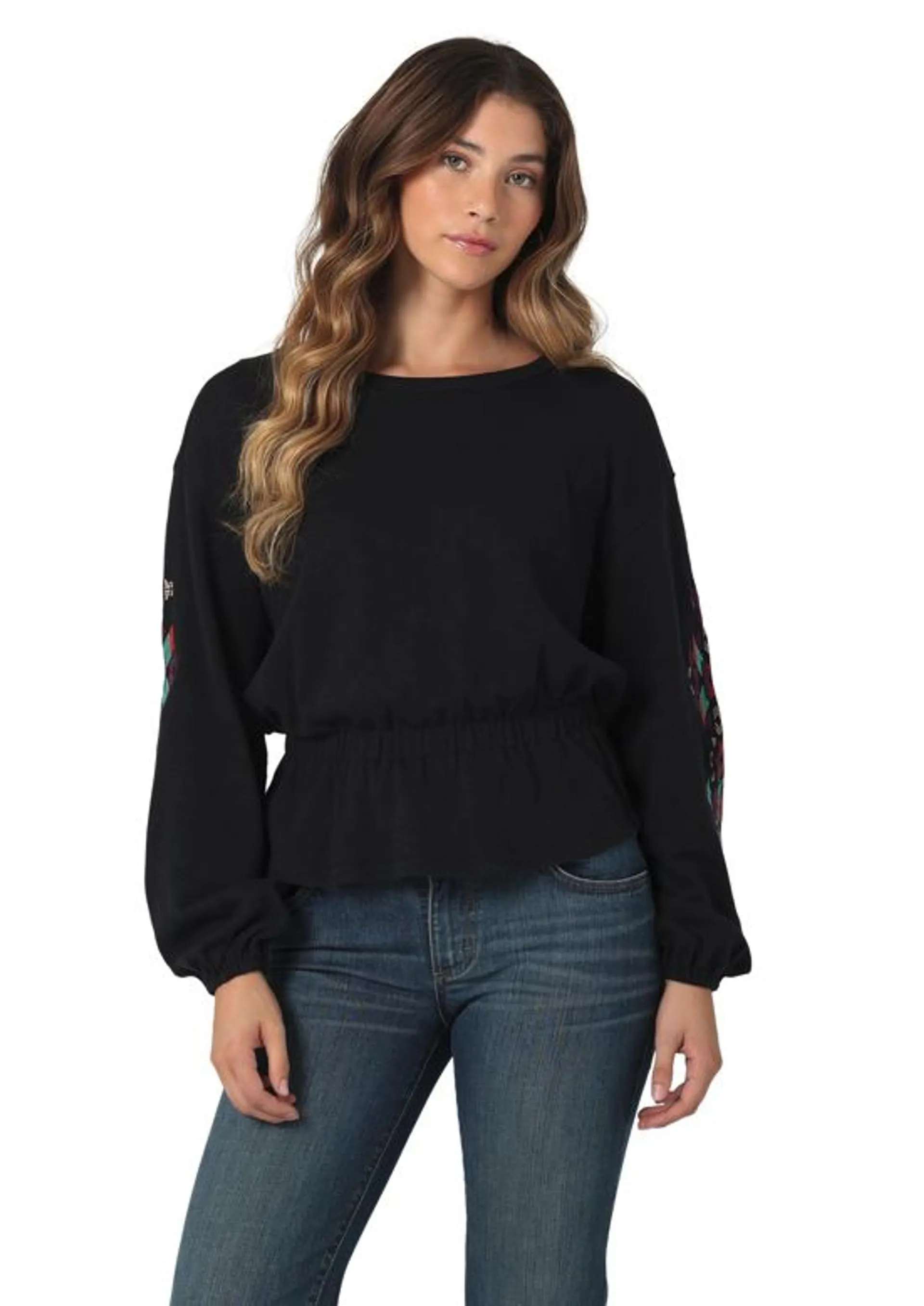 Wrangler Ladies Black Gathered Waist Embroidered Long Sleeve Shirt