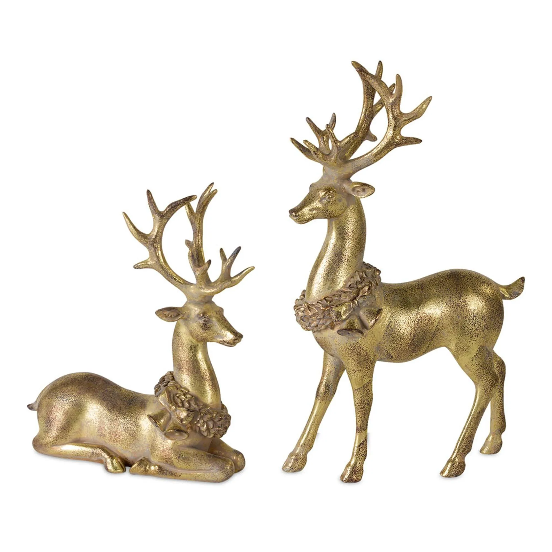 Modern Gold Deer Figurine with Wreath Accent, Set of 2