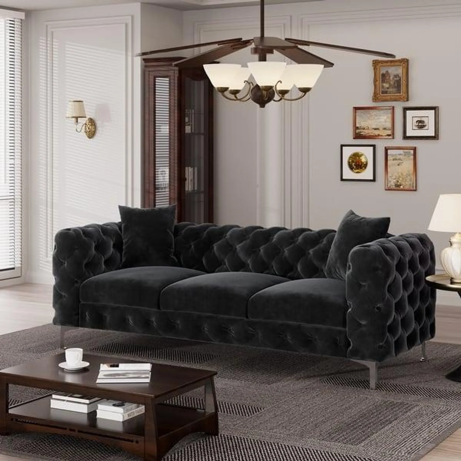 Morden Fort Modern Velvet Sofa with Button Tufted,Solid Wood Frame and Iron Legs