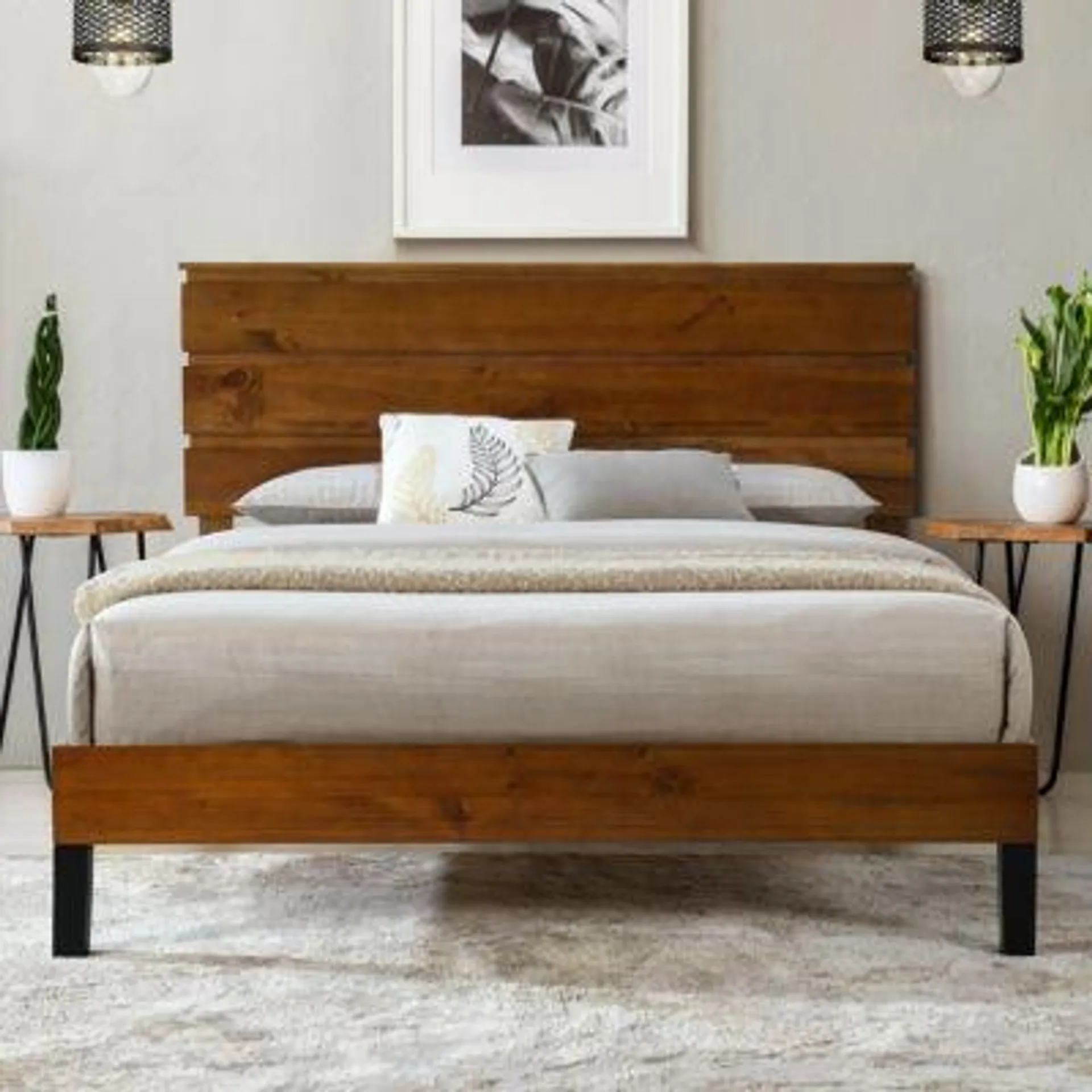 Streamdale Furniture Mid-Century Modern Solid Wood Queen Bed with Unique Headboard