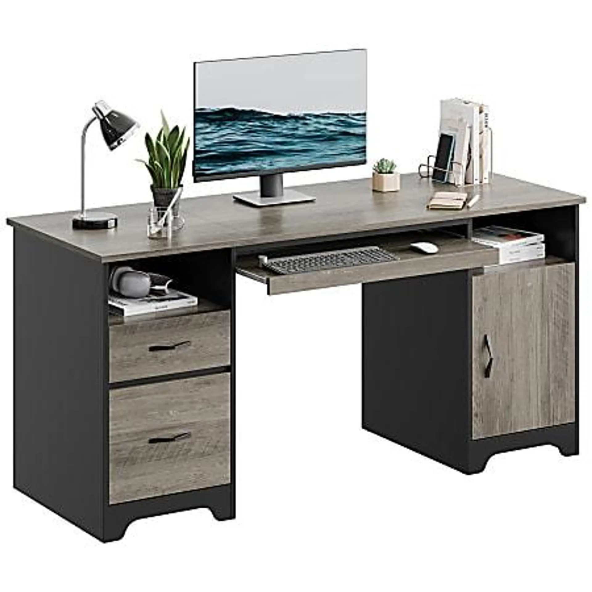 Bestier 59"W Executive Computer Desk With Open Storage & Cabinet, Gray