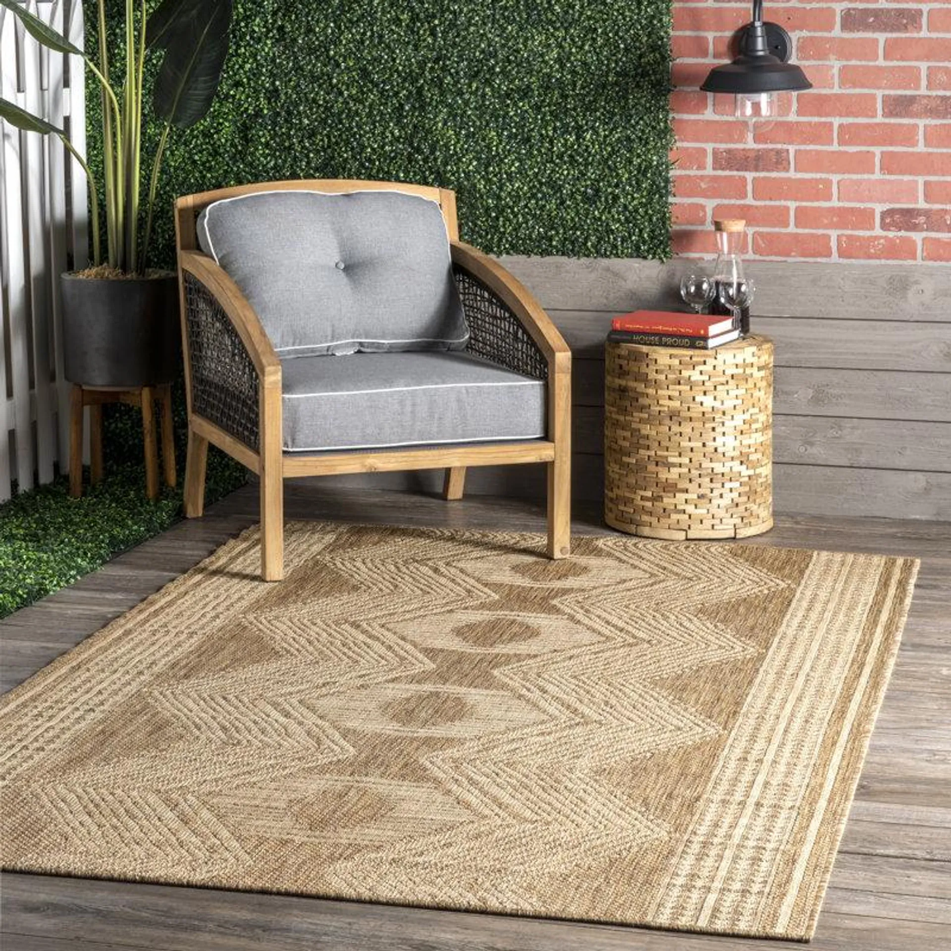 Geometric Indoor/Outdoor Rug for Living Room Patio Deck Front Porch Entryway Hallway Kitchen, Light Brown/Ivory