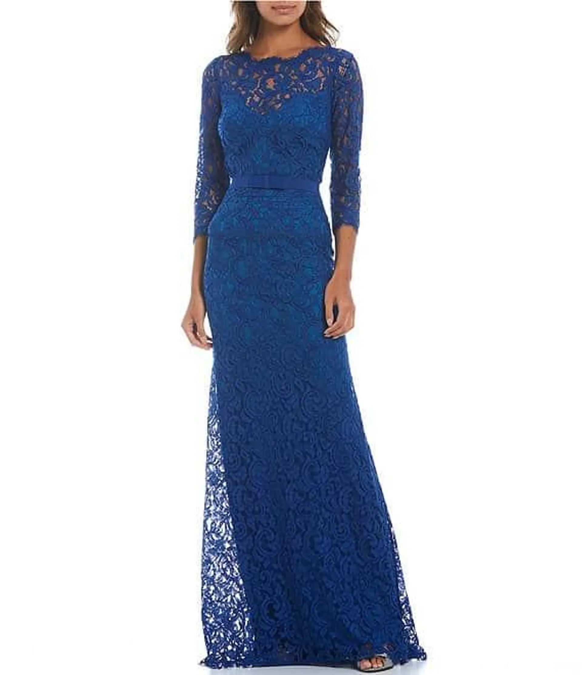 Illusion Boat Neck 3/4 Sleeve Two Tone Floral Lace Scallop Hem Belted Gown