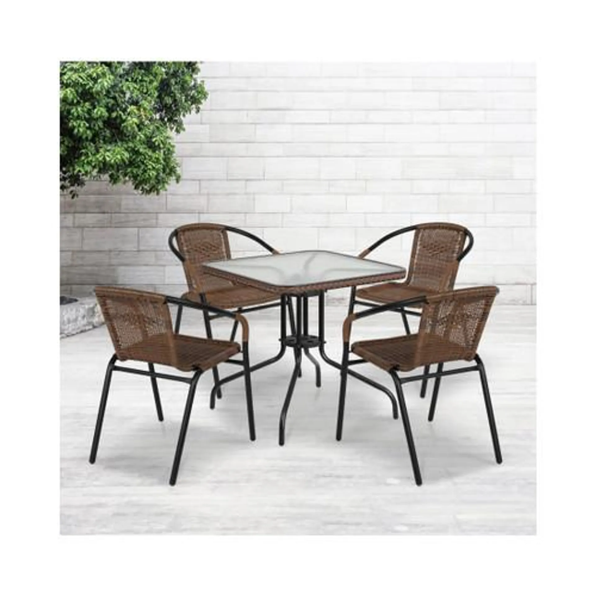 28” Square Glass Metal Table with Dark Brown Rattan Edging and 4 Dark Brown Rattan Stack Chairs