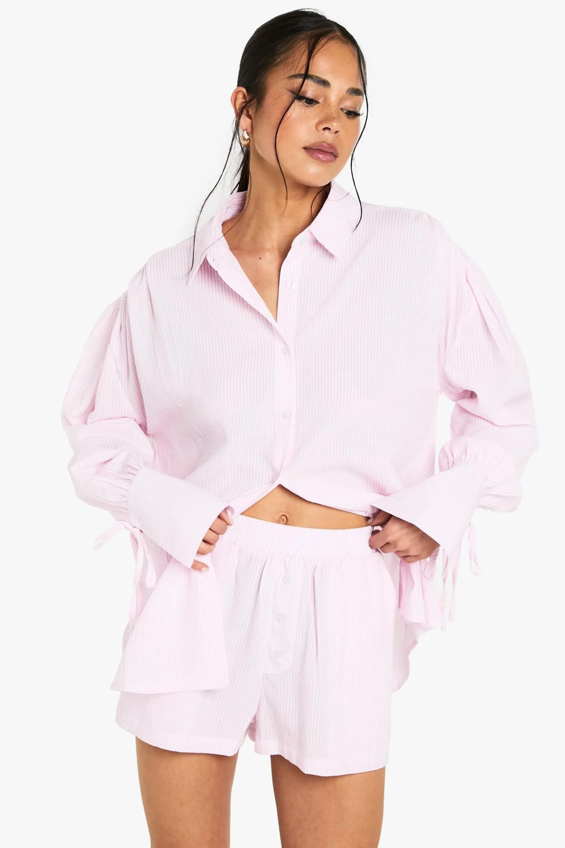 Crinkle Stripe Tie Cuff Shirt and Short Co-ord