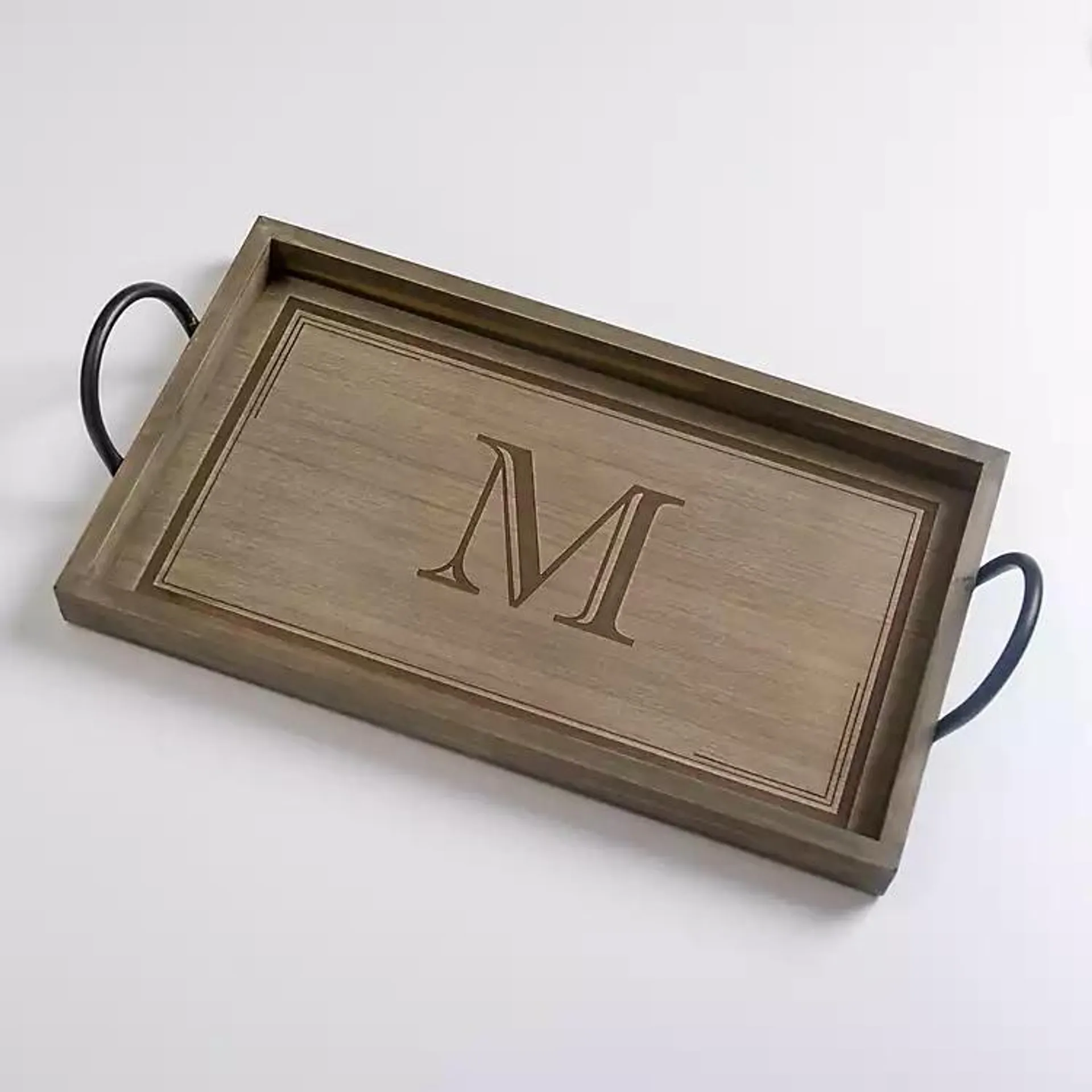 Gray Wash Wood Monogram M Tray