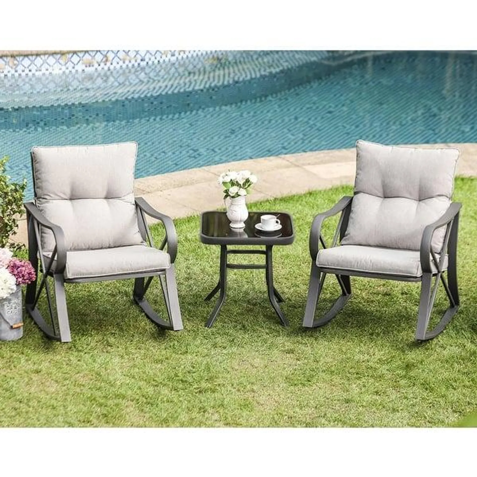 COSIEST 3-piece Outdoor Rocking Chair Chat Set with Side Table