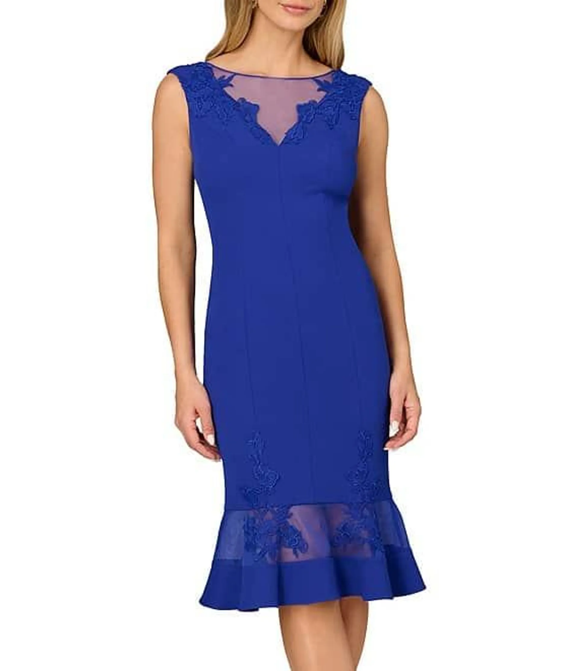 Stretch V-Neck Cap Sleeve Flounce Floral Mesh Insert Sheath Dress