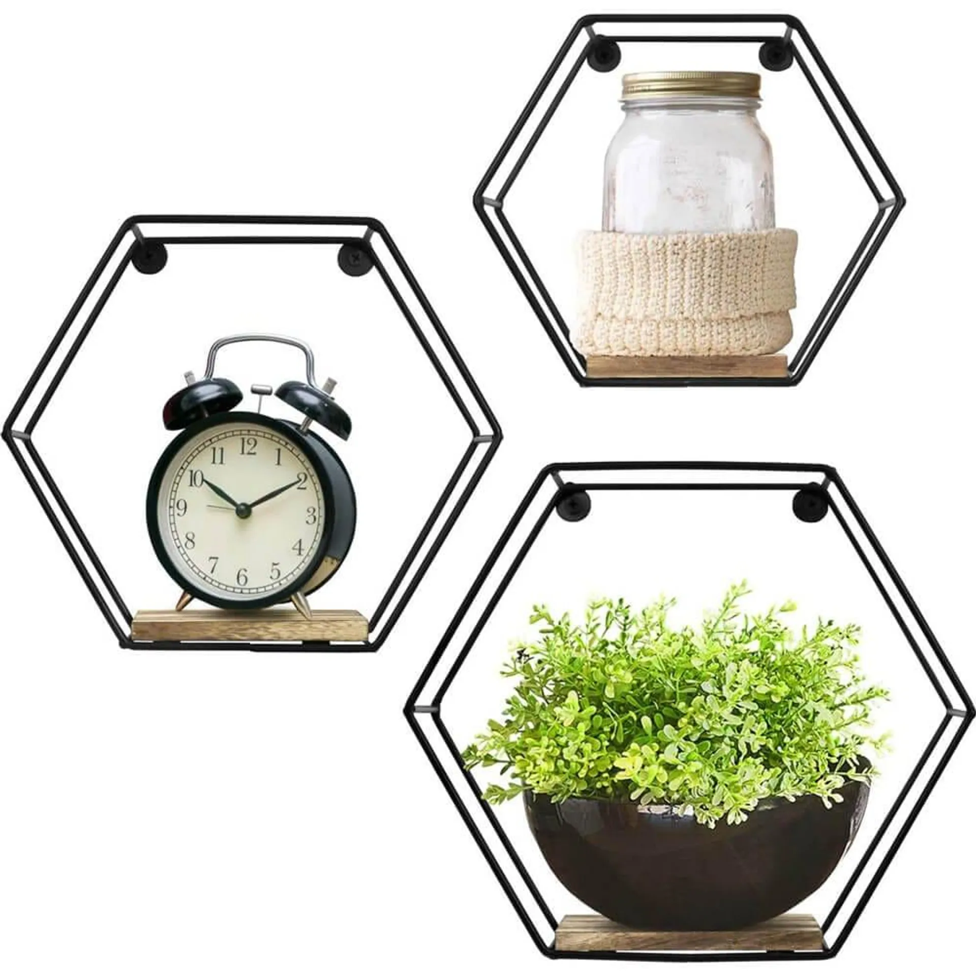 Greenco Geometric Hexagon Shaped Floating Shelves, Set of 3, Black