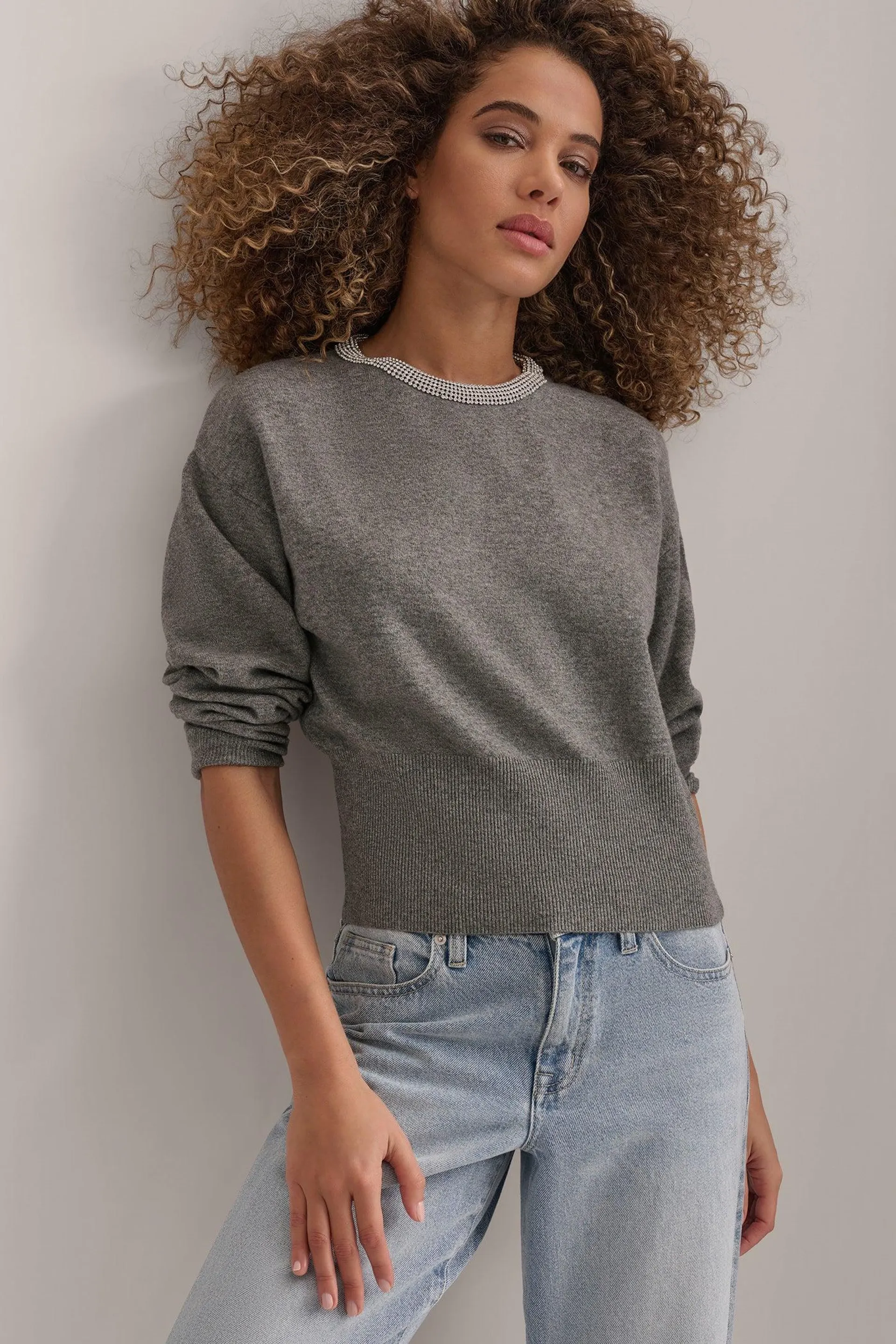 CREW NECK WITH RHINESTONE TRIM AT NECK