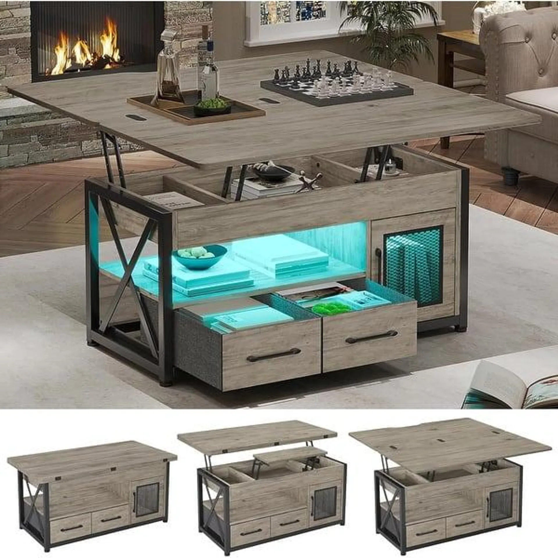 Farmhouse Coffee tables for livingroom LED Coffee Table with Lift Top Storage