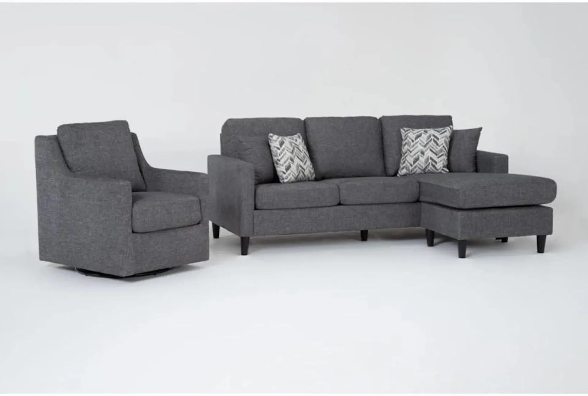 Stark Dark Grey Fabric Sofa with Reversible Chaise & Dark Grey Fabric Swivel Arm Chair