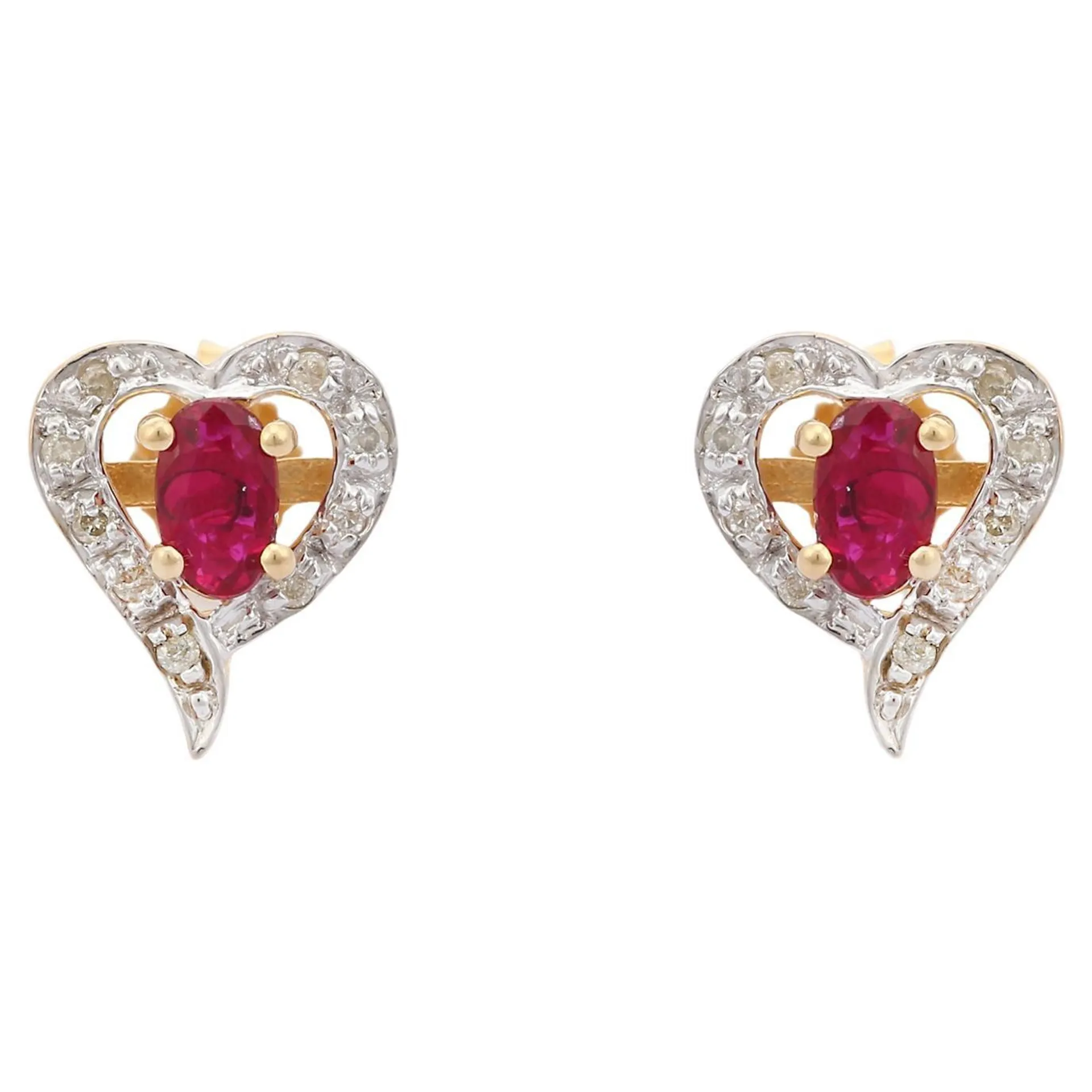 Designer Ruby Diamond Heart Stud Earrings in 14K Solid Yellow Gold