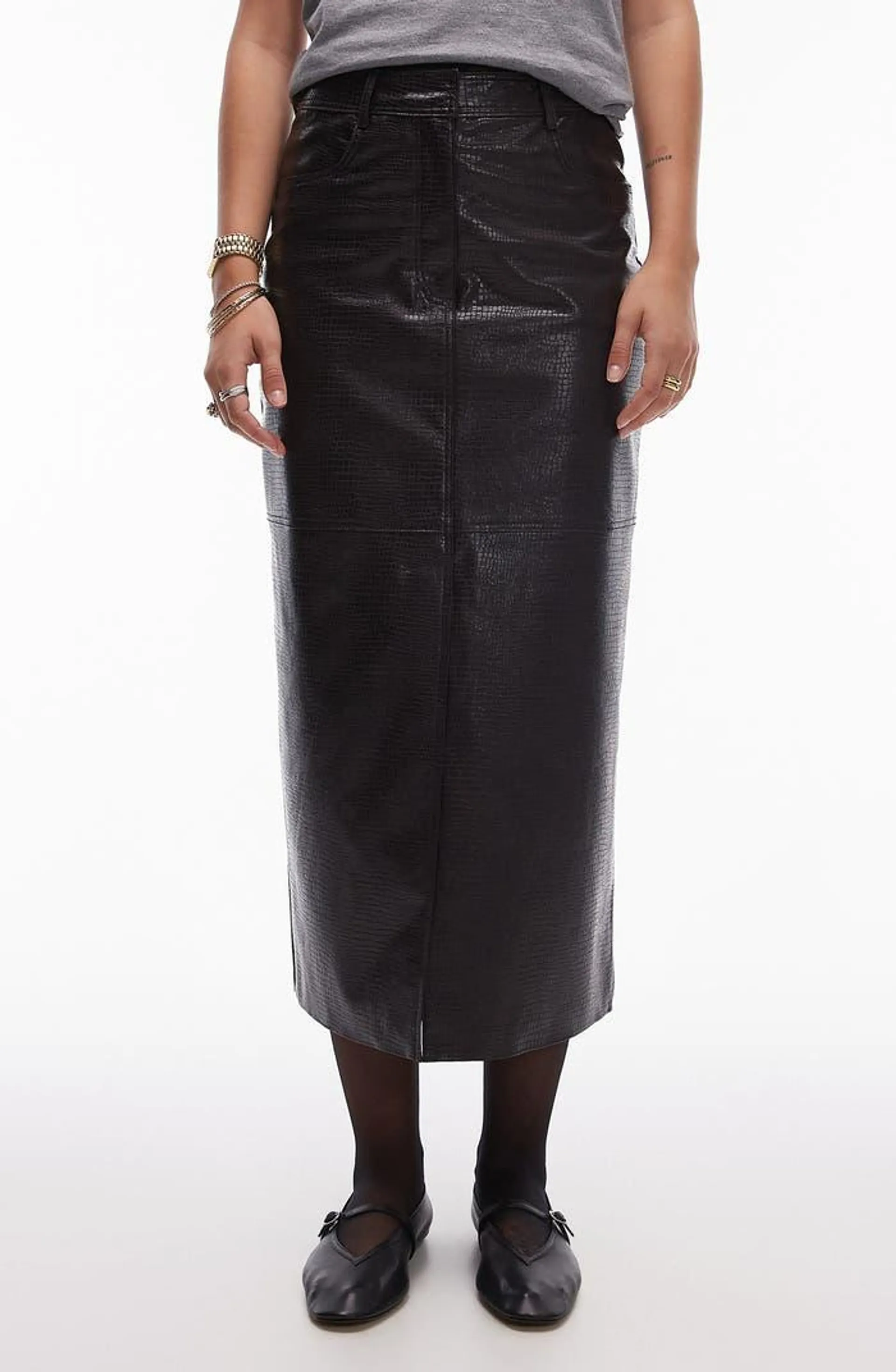 Croc Embossed Faux Leather Midi Skirt