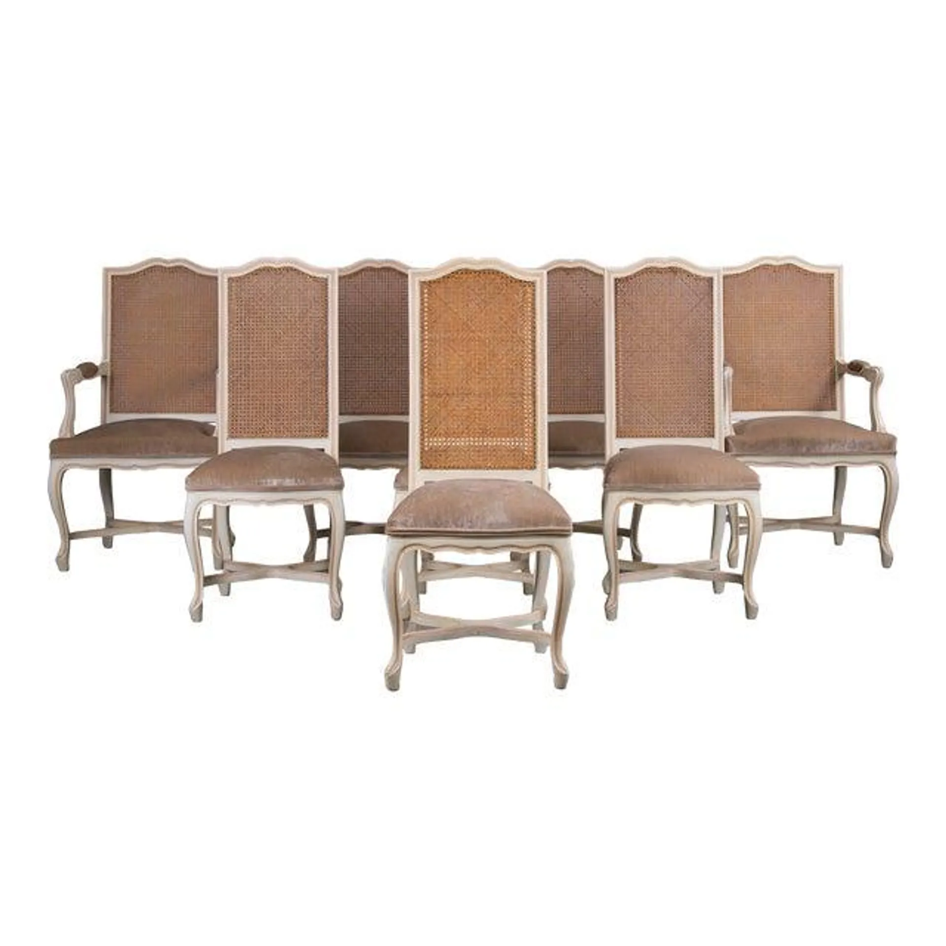 French Louis XV Style Painted Provincial Cane Back Dining Chairs W/ Beige Velvet - Set of 8