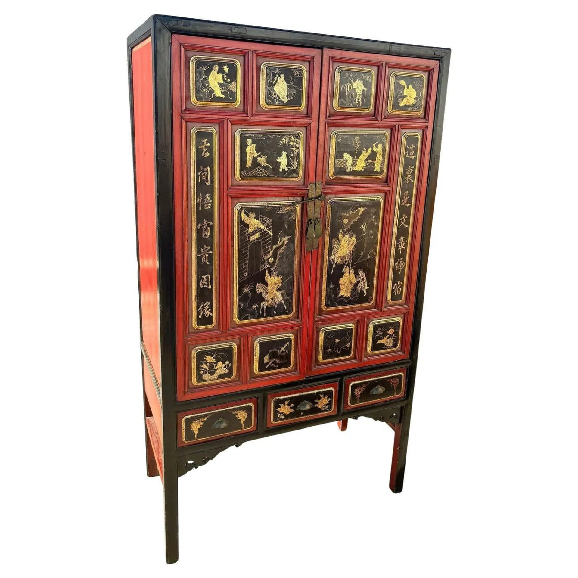 Qing Dynasty Hand Painted & Lacquered Gilt Armoire Cabinet, China