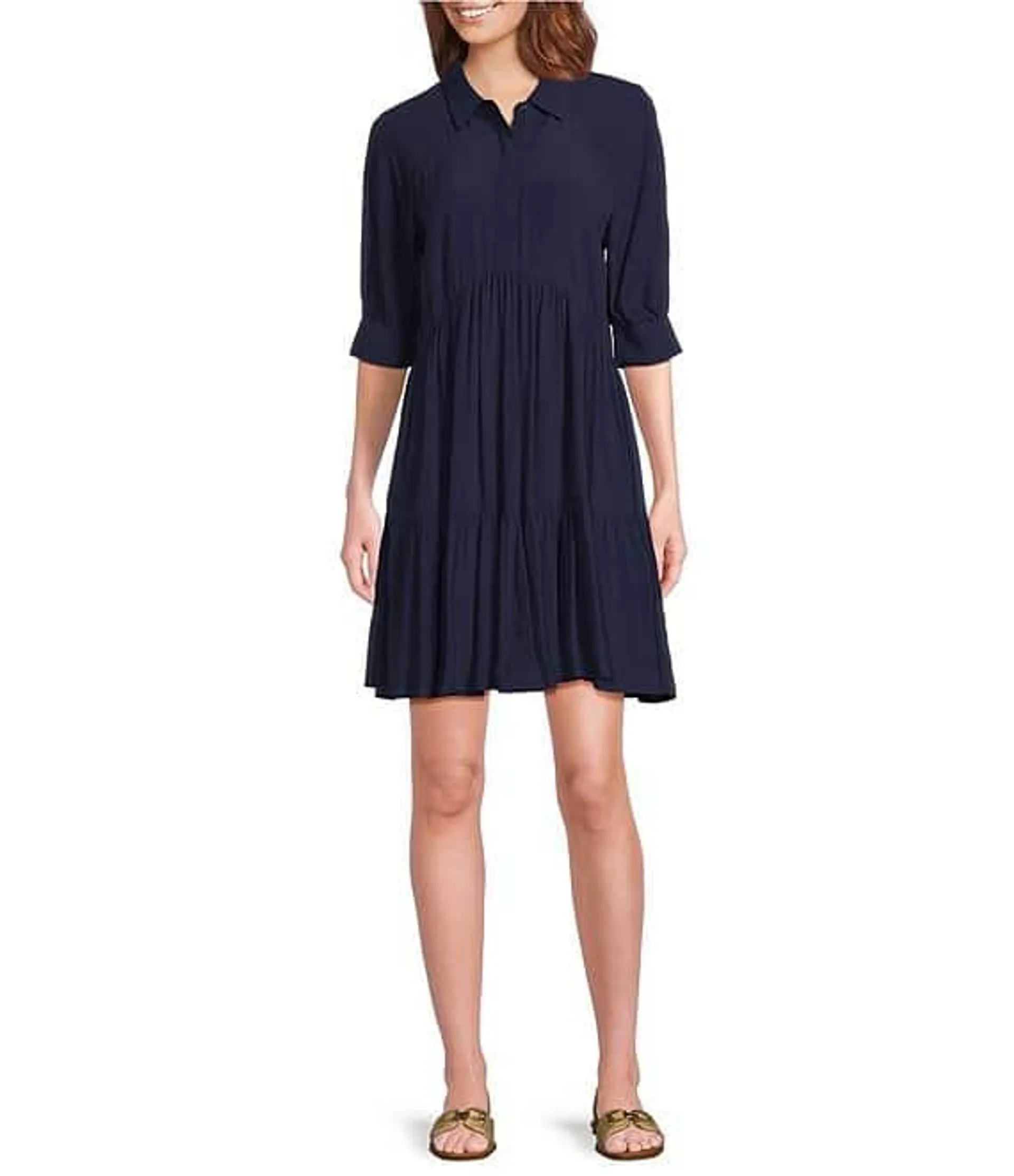 Point Collar 3/4 Cuffed Sleeve Button Front Mini Shirt Dress