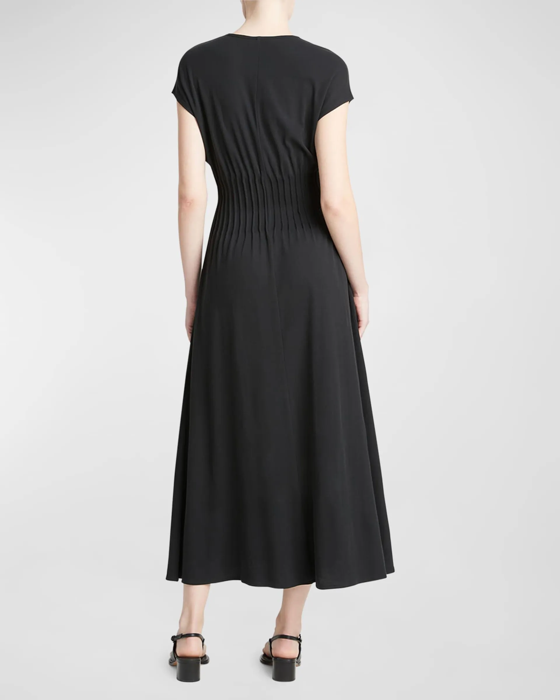 Pintuck V-Neck Short-Sleeve Midi A-Line Dress