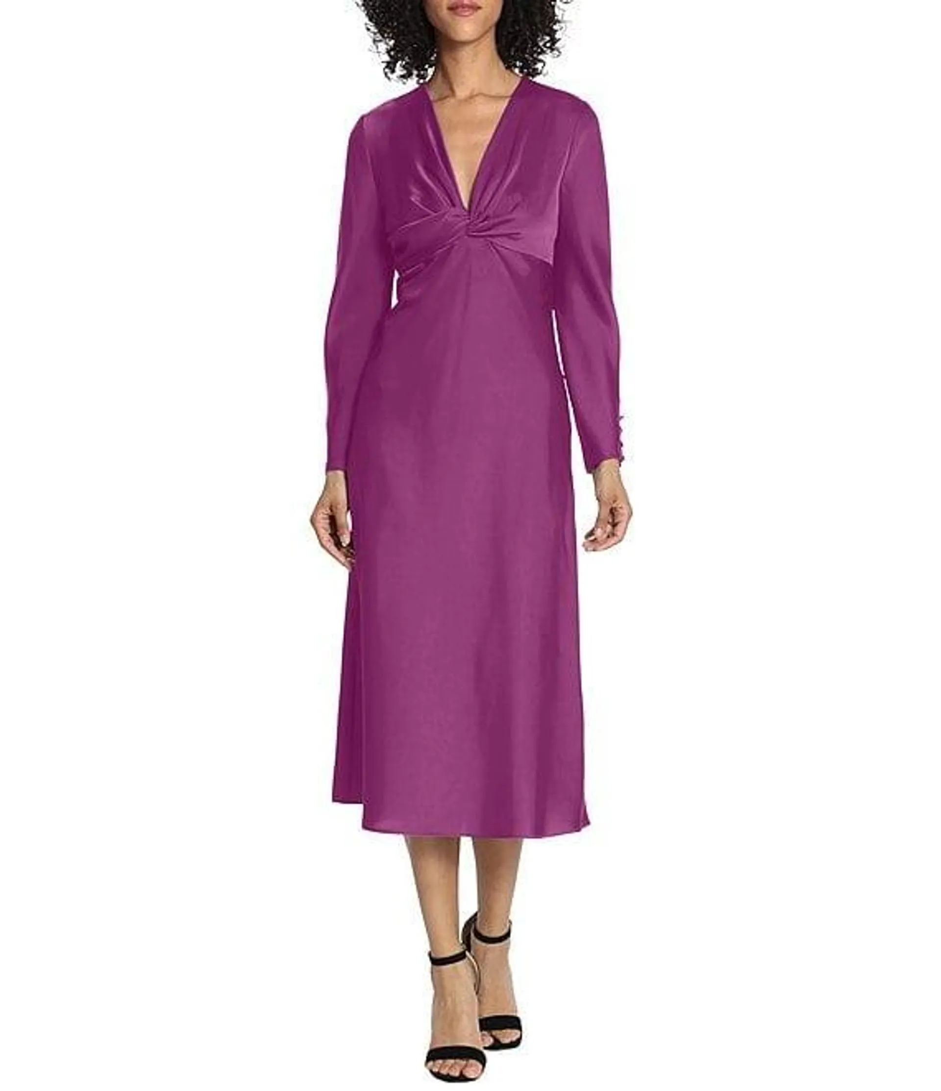 Long Sleeve Satin Twisted V-Neck Knotted Midi Dress