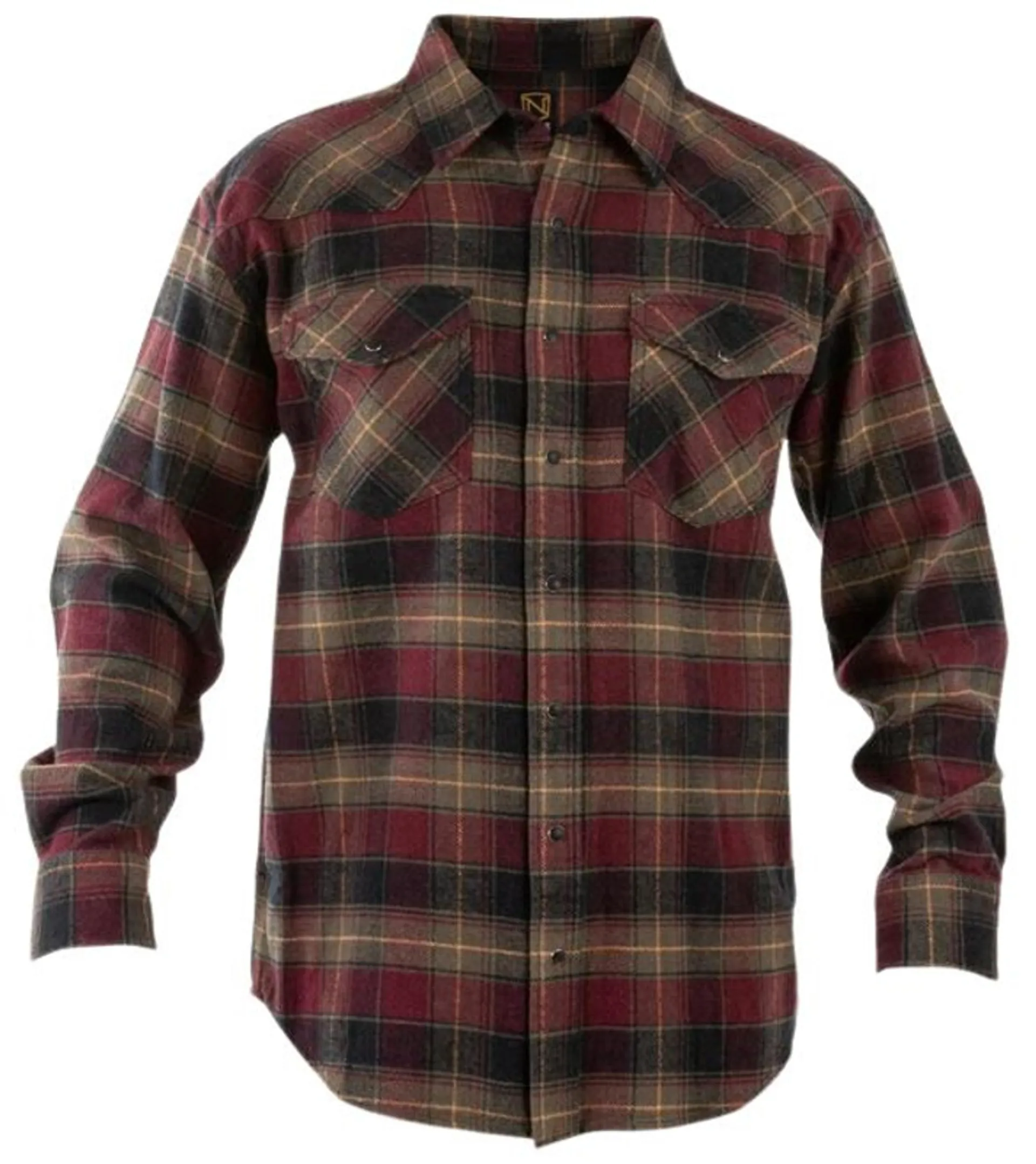 Noble Outfitters Men's Brawny Snap Front Dark Port & Tundra Plaid Flannel Long Sleeve Shirt