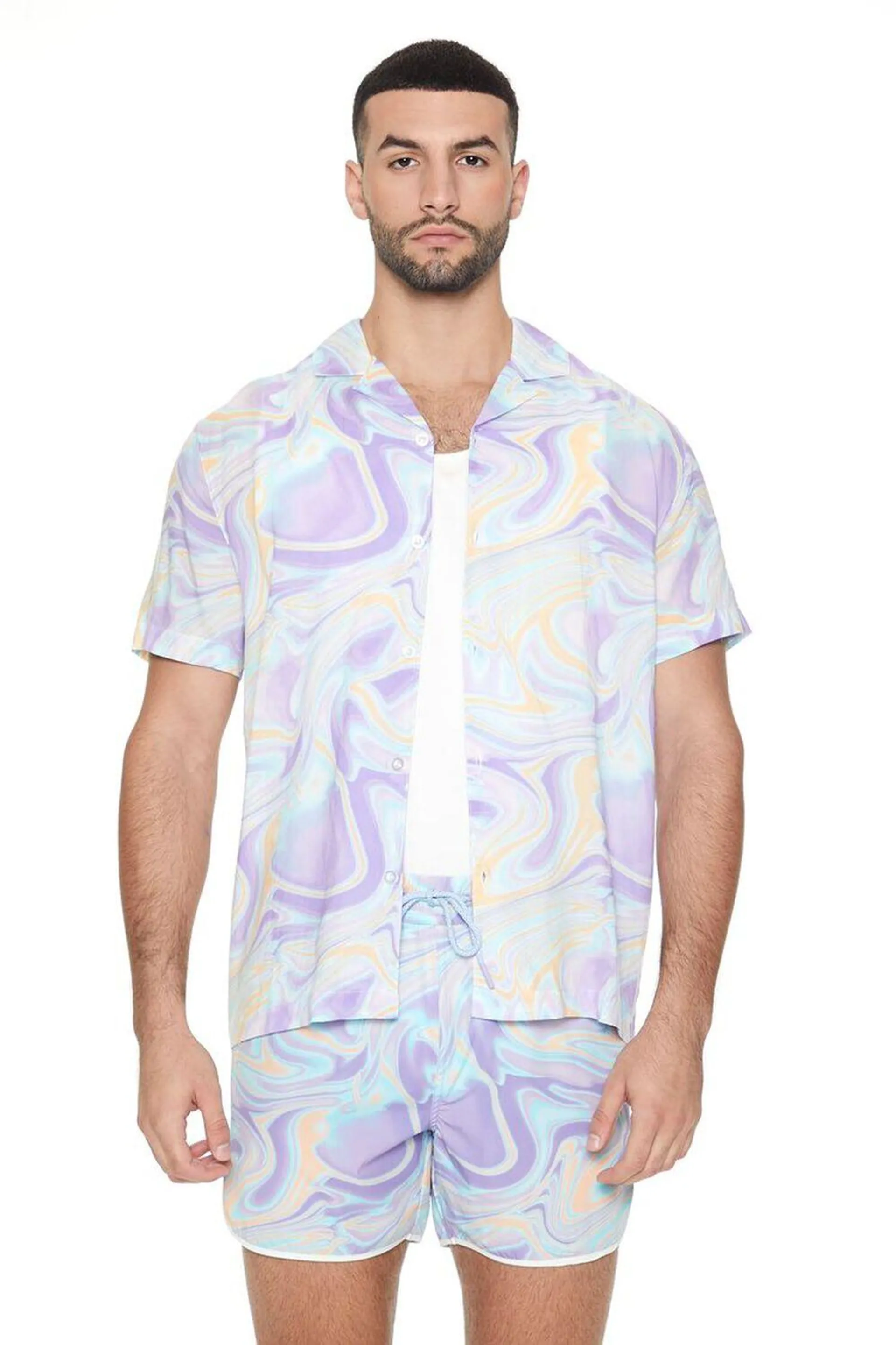 Oil Slick Print Short Inseam Swim Trunks