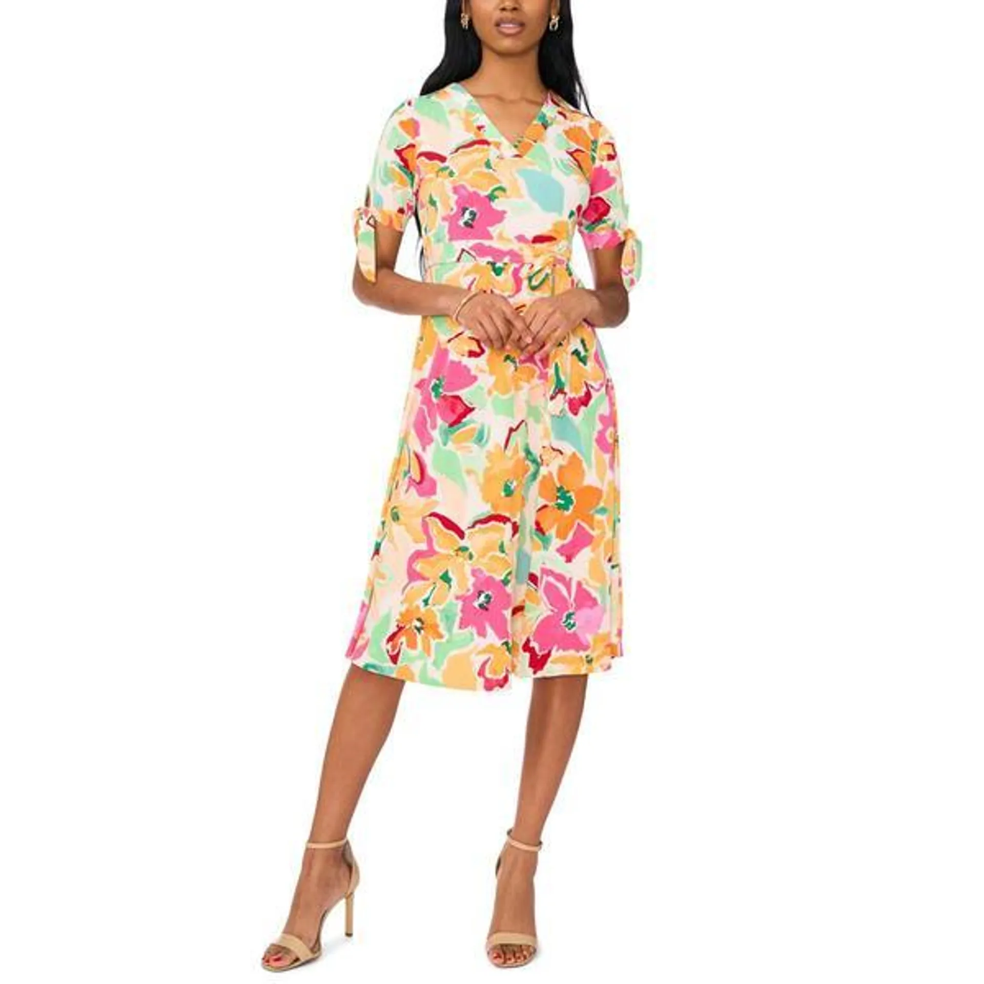 Petite MSK Elbow Sleeve V-Neck Floral Midi Dress